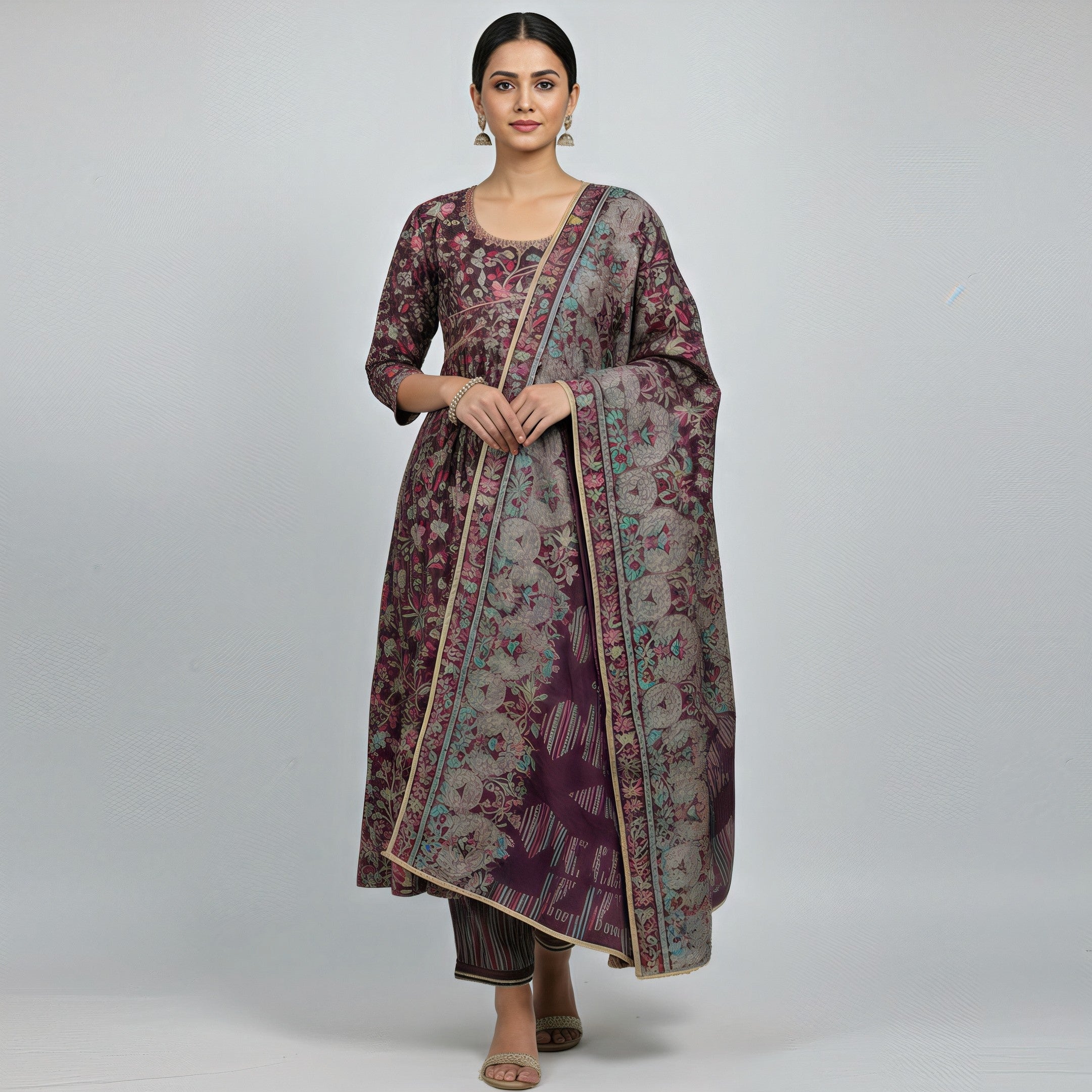 ANANI Women’s Pure Cotton Printed Kurta Pant Set with Dupatta | Round Neck Anarkali Kurti Set for Women | 3/4 Sleeve