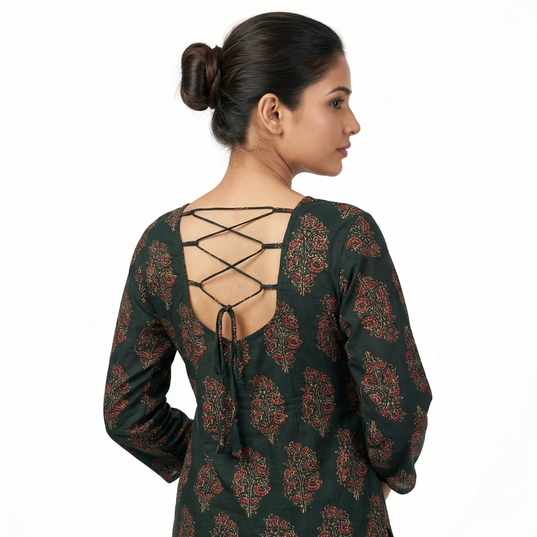 Anani Emerald Green Lace-Up Kurti Straight Fit