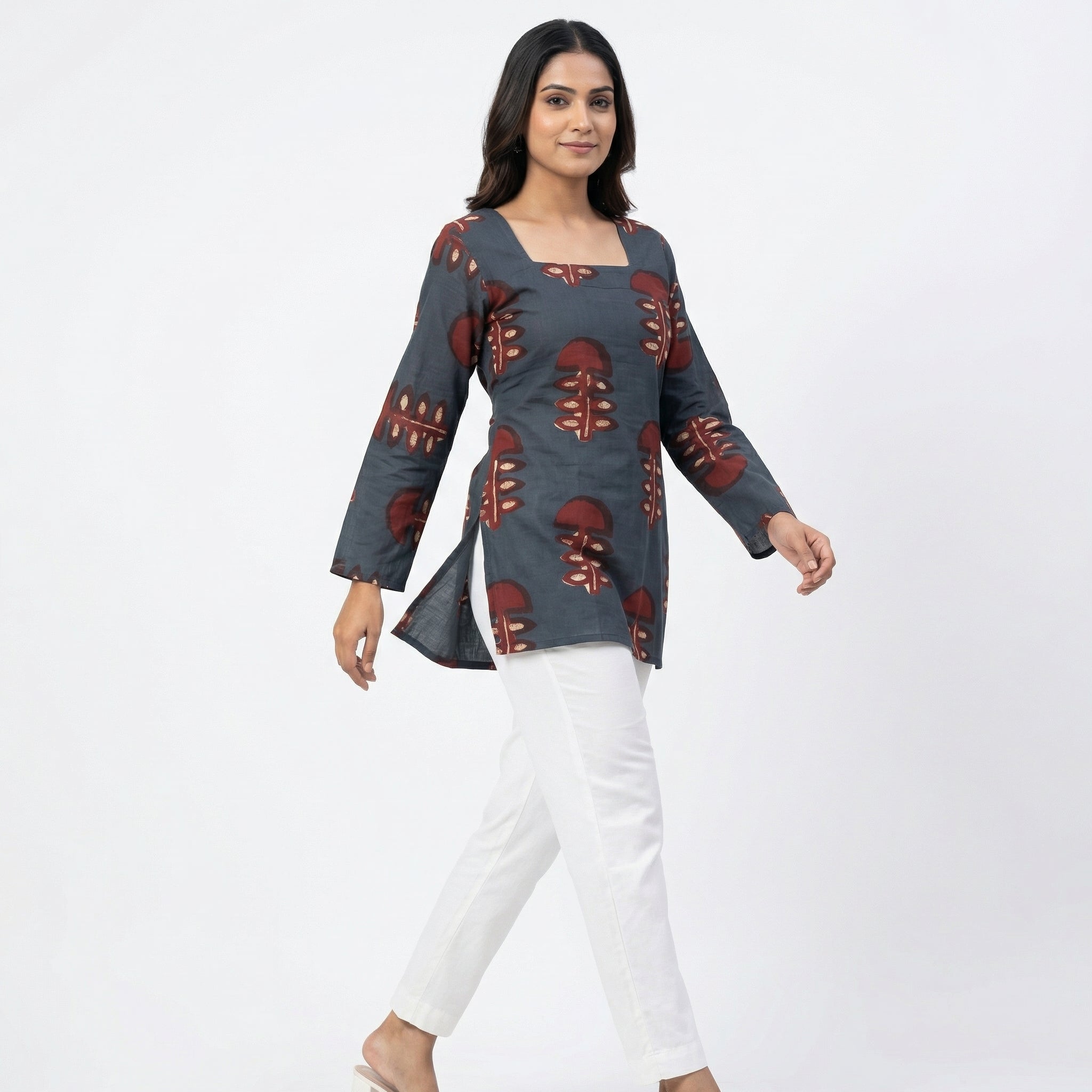 Anani Rustic Grey Lace-Up Kurti Straight Fit