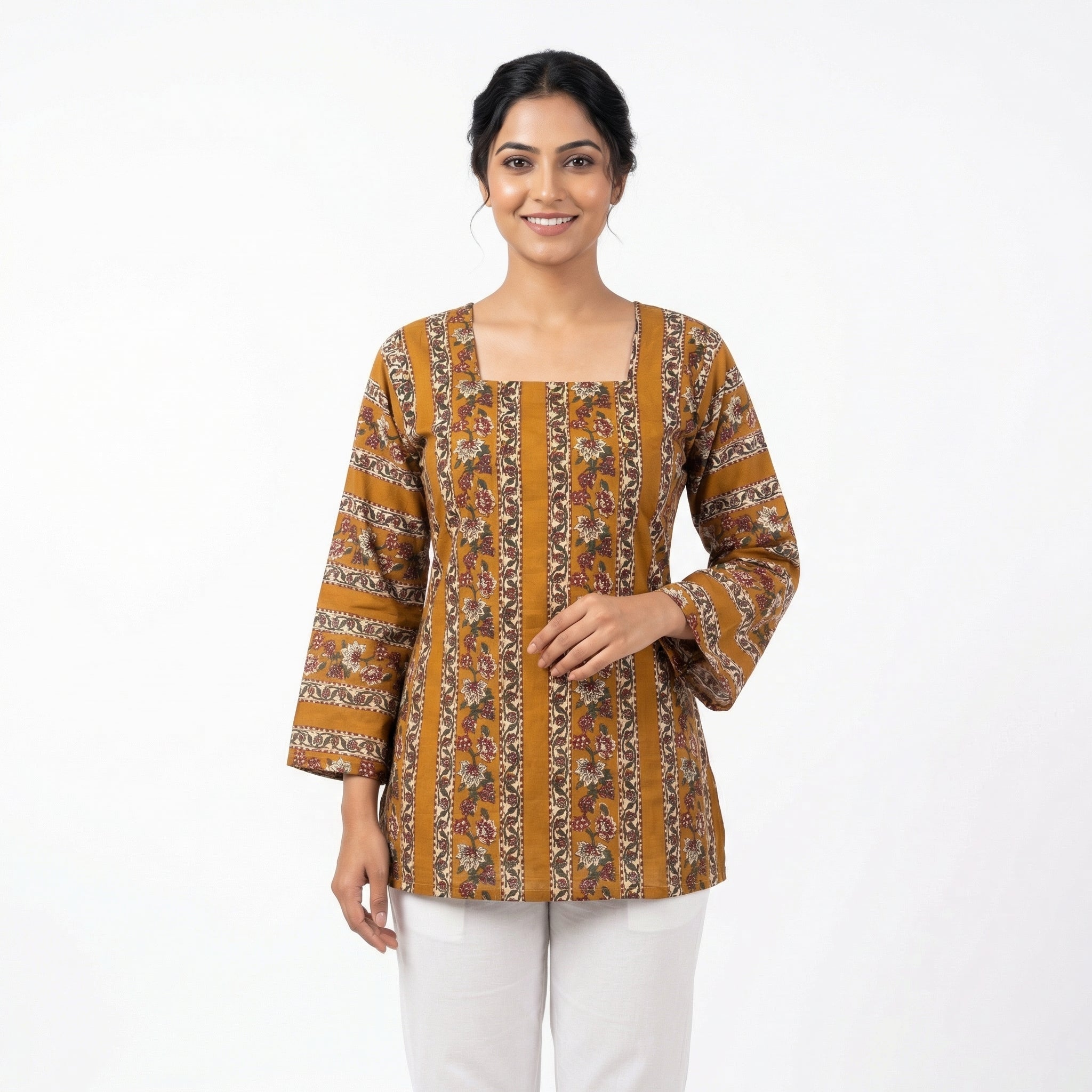 Anani Mustard Floral Stripe Lace-Up Kurti Straight Fit