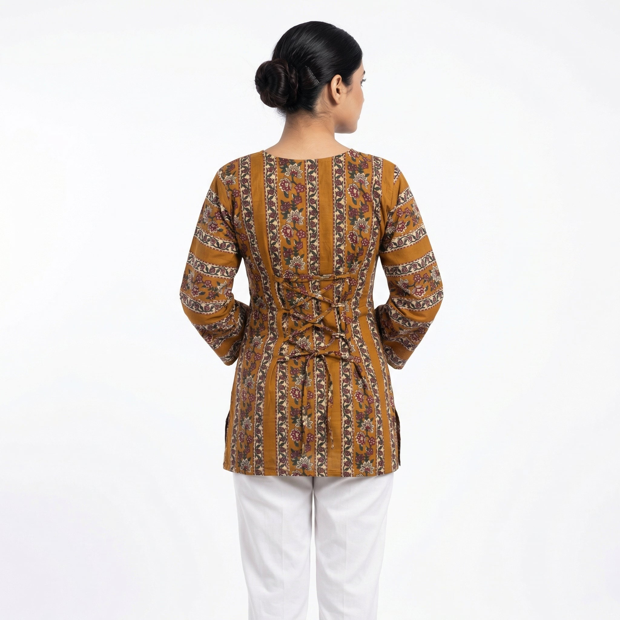 Anani Mustard Floral Stripe Lace-Up Kurti Straight Fit