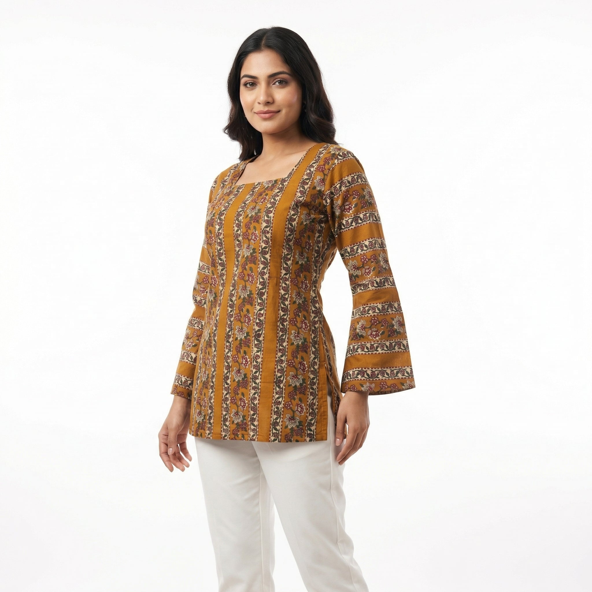 Anani Mustard Floral Stripe Lace-Up Kurti Straight Fit