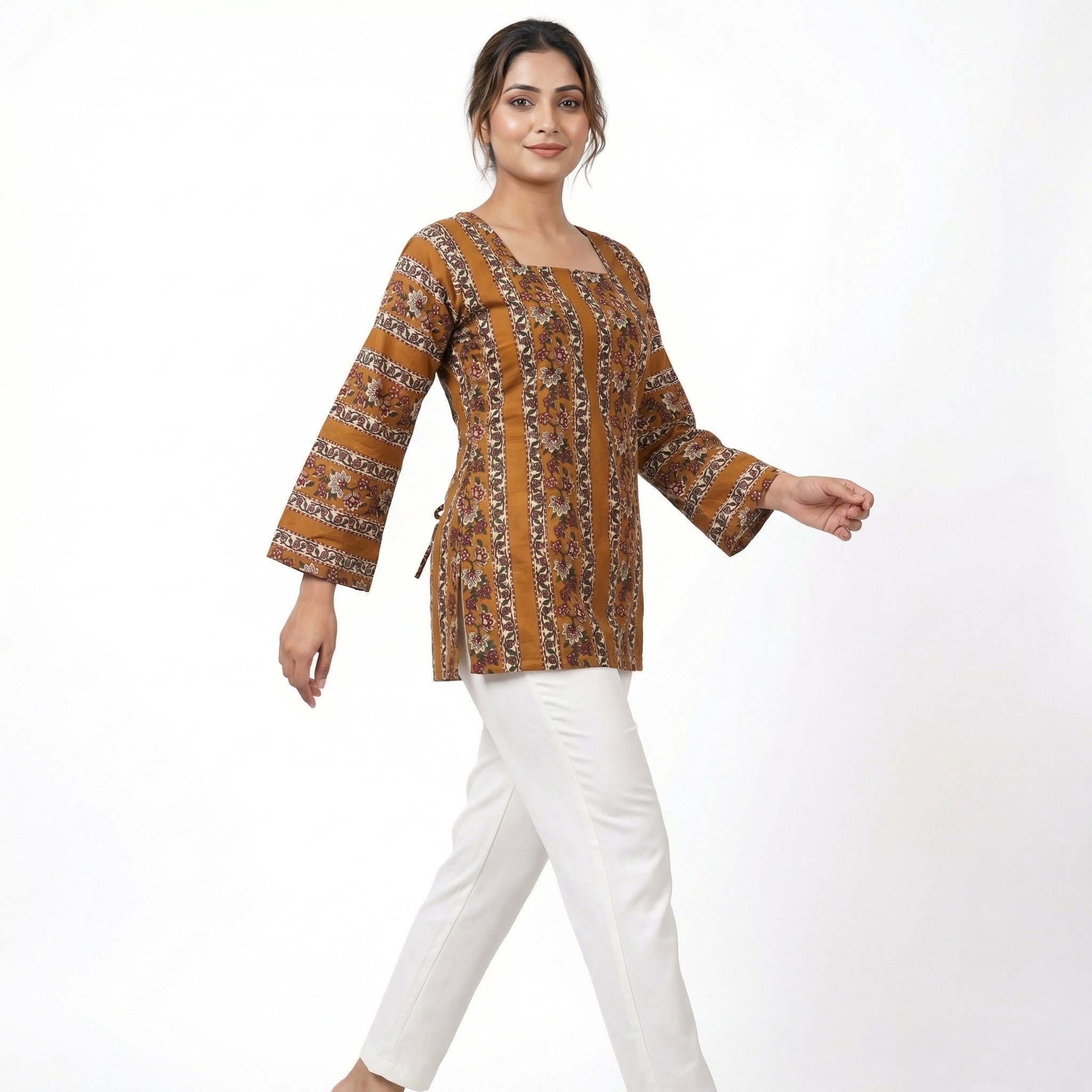 Anani Mustard Floral Stripe Lace-Up Kurti Straight Fit