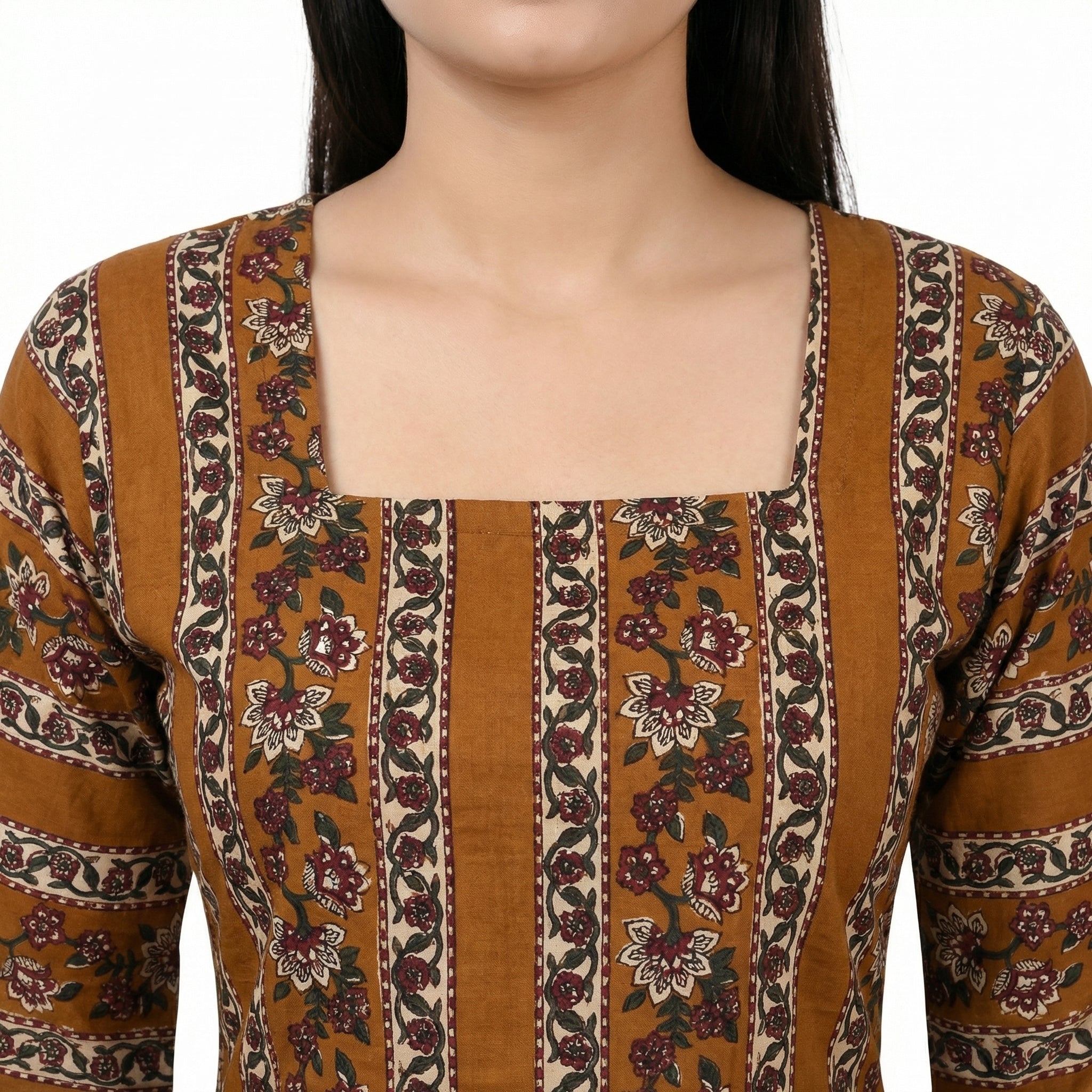 Anani Mustard Floral Stripe Lace-Up Kurti Straight Fit