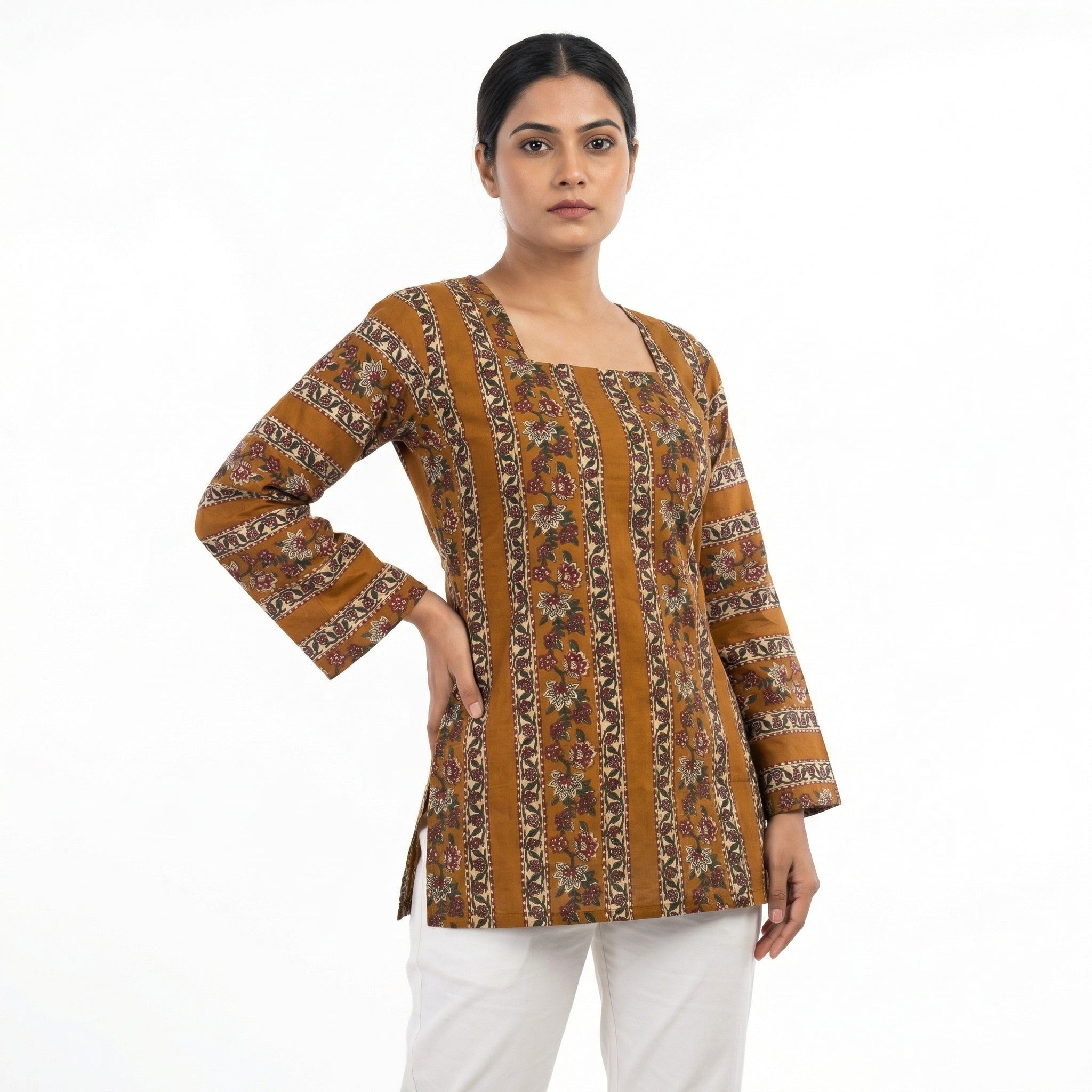 Anani Mustard Floral Stripe Lace-Up Kurti Straight Fit