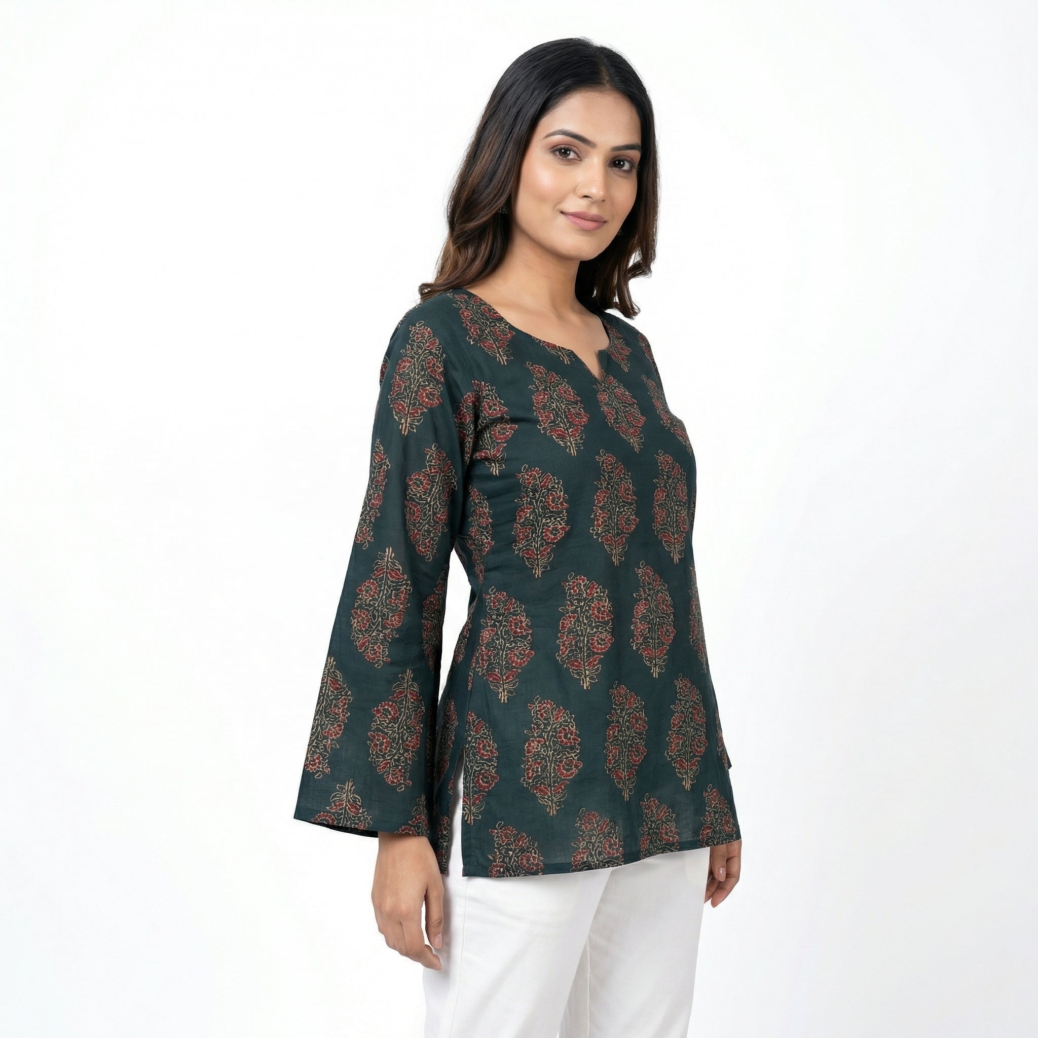 Anani Emerald Green Lace-Up Kurti Straight Fit