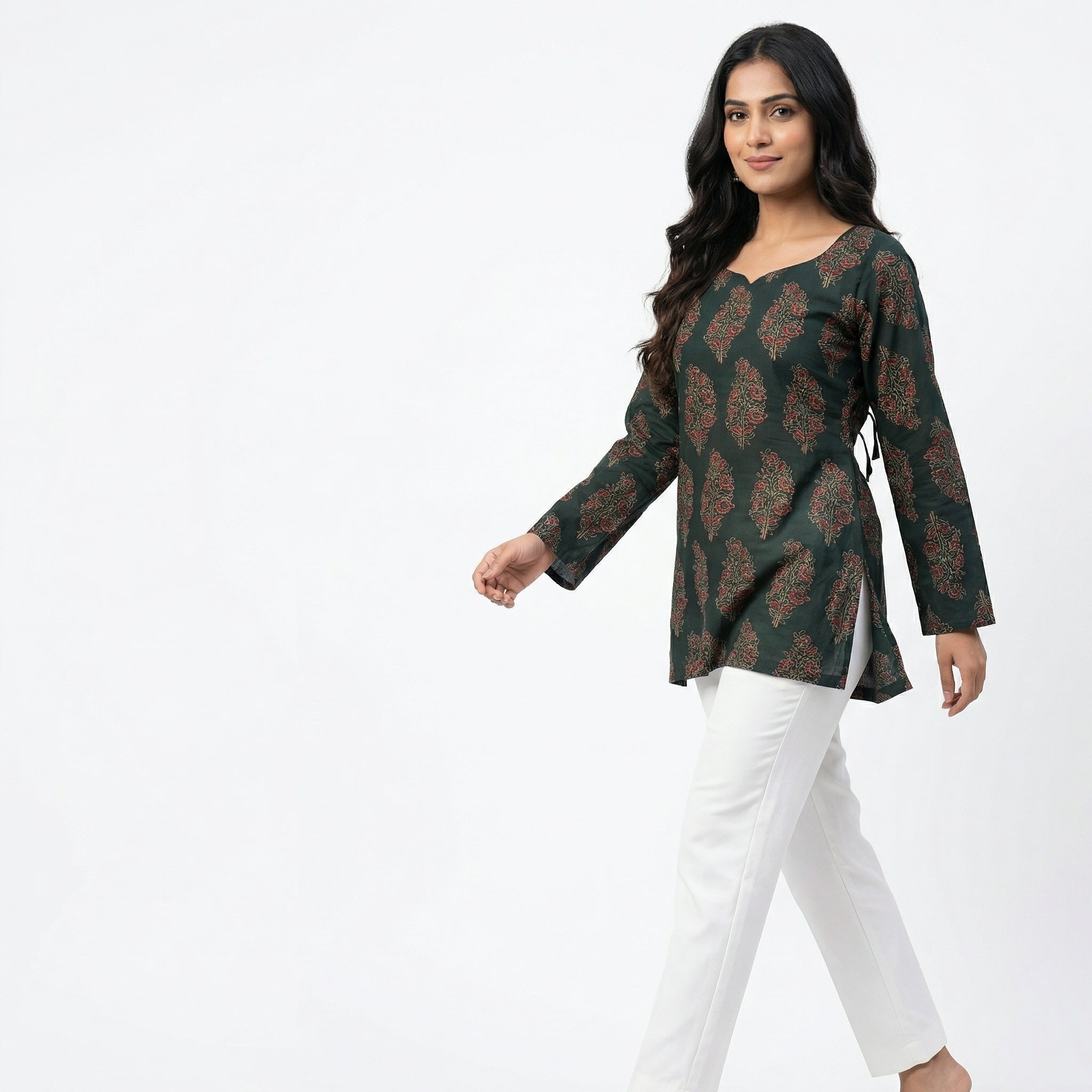 Anani Emerald Green Lace-Up Kurti Straight Fit