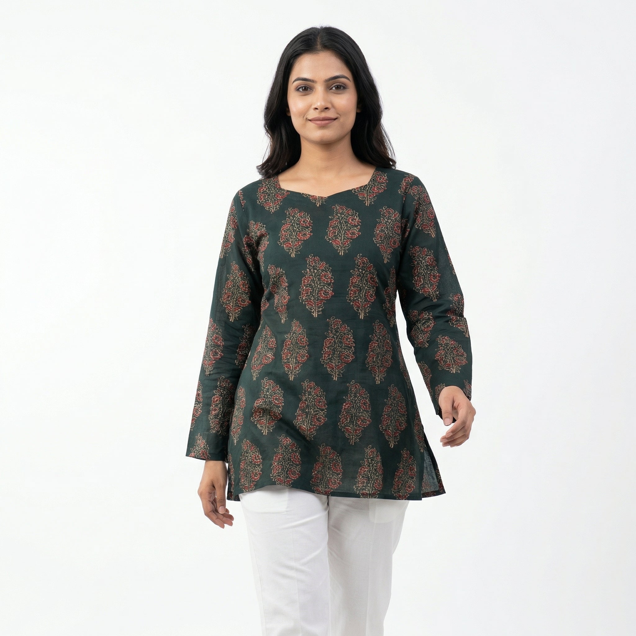 Anani Emerald Green Lace-Up Kurti Straight Fit