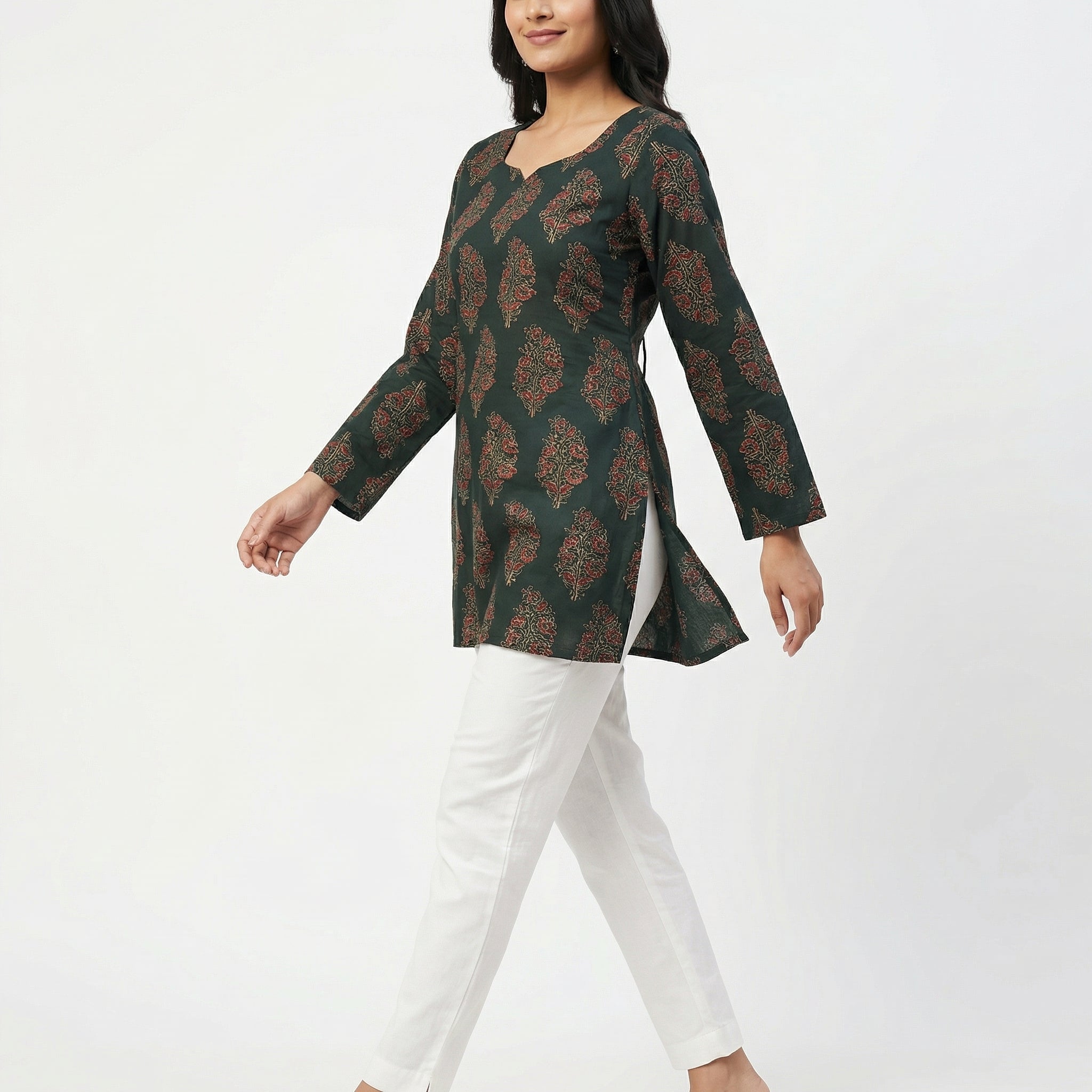 Anani Emerald Green Lace-Up Kurti Straight Fit