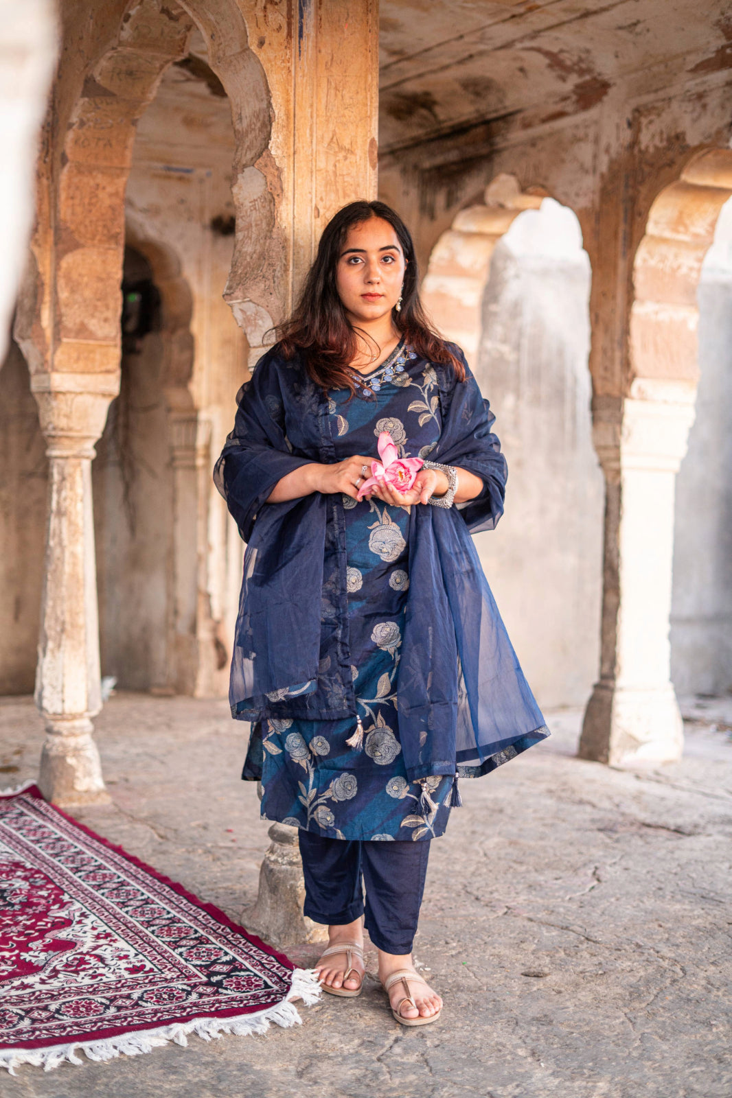 Silk Embroidered V Neck Kurta Set With Dupatta