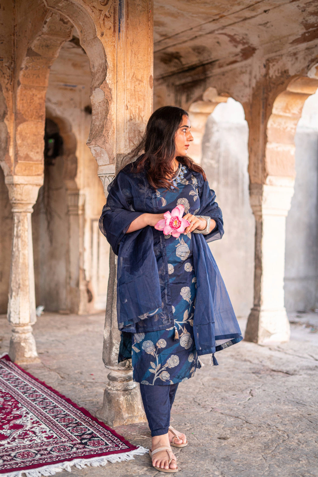 Silk Embroidered V Neck Kurta Set With Dupatta