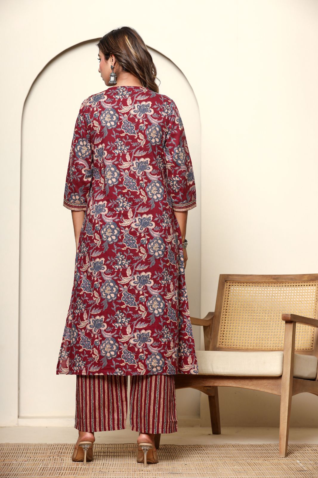 Maroon A-line Cotton Kurta Set With Dupatta