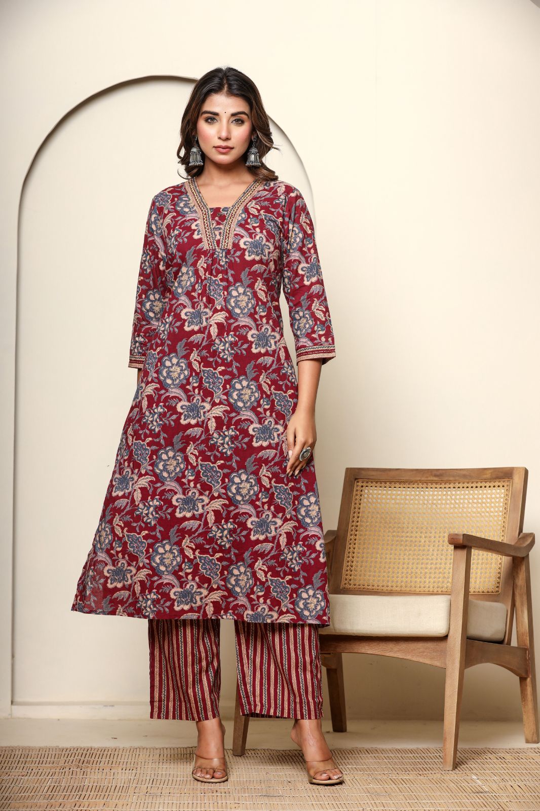 Maroon A-line Cotton Kurta Set With Dupatta