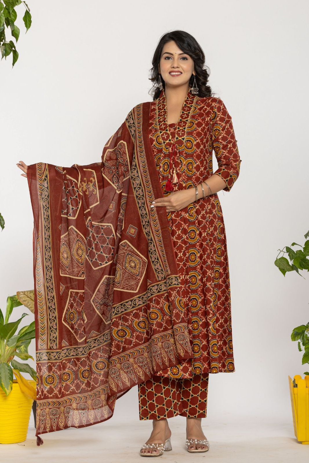 Plated Anarkali Kurta Set With Dupatta