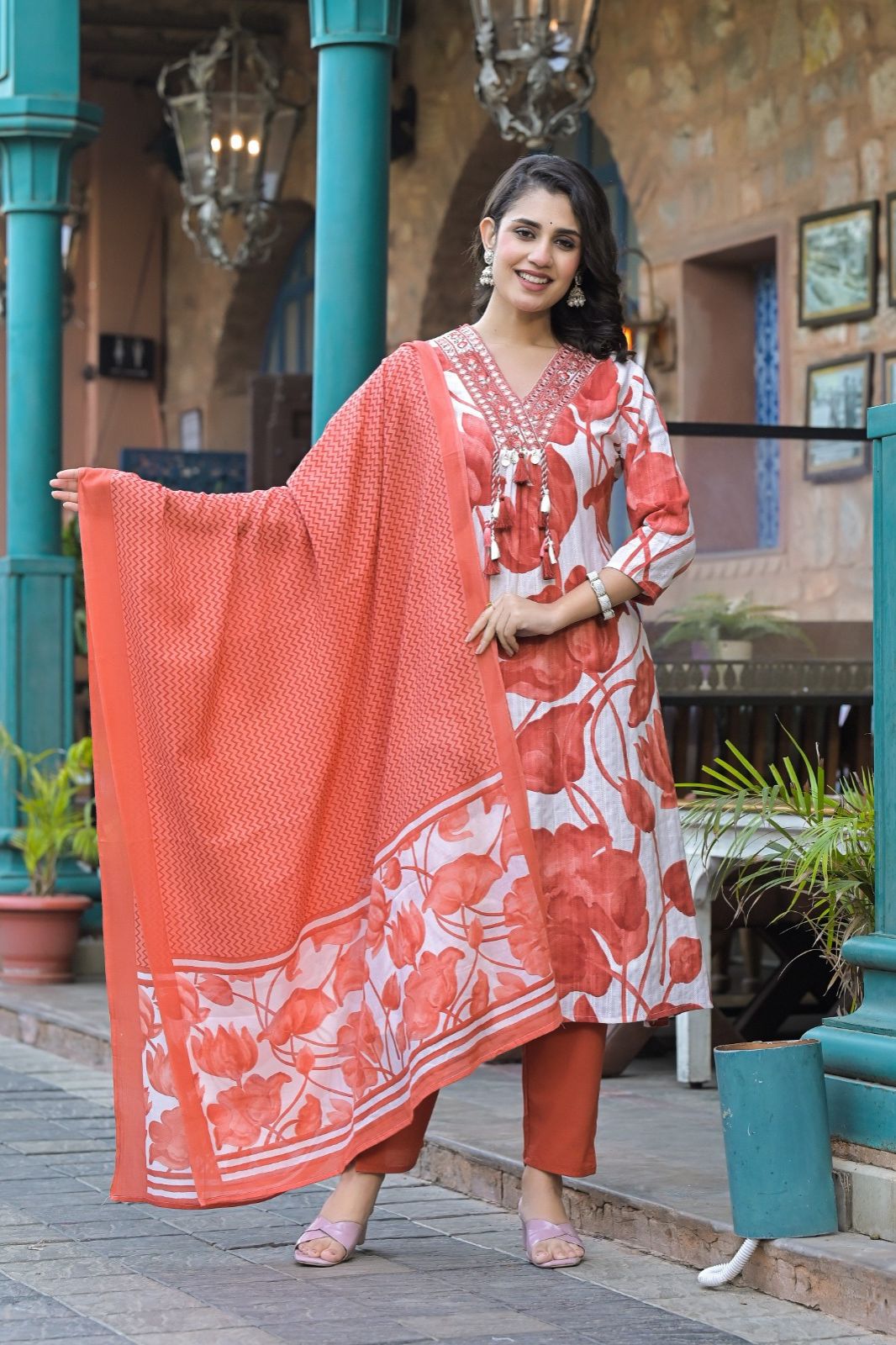 Red A line Cotton Kurta Set With Dupatta