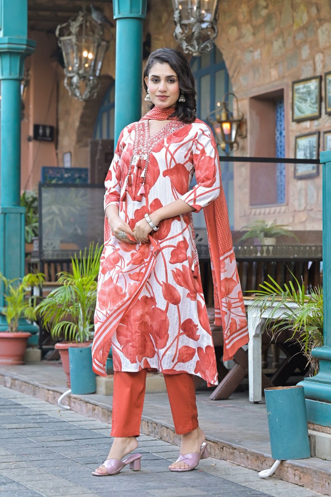 Red A line Cotton Kurta Set With Dupatta