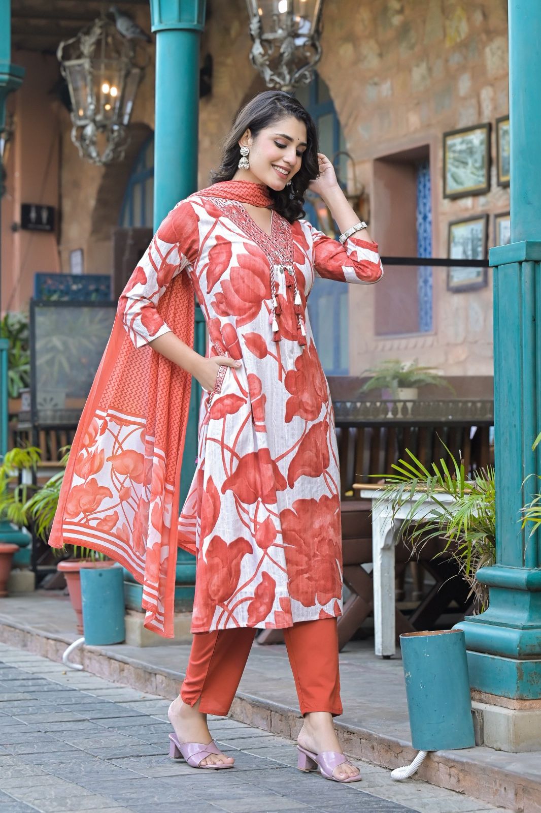 Red A line Cotton Kurta Set With Dupatta