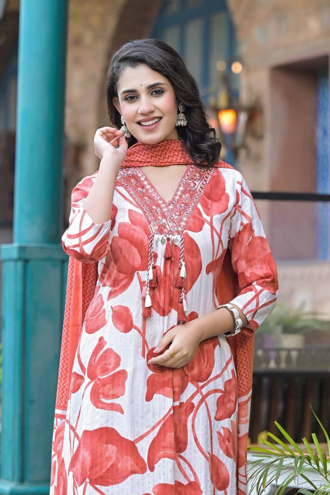 Red A line Cotton Kurta Set With Dupatta