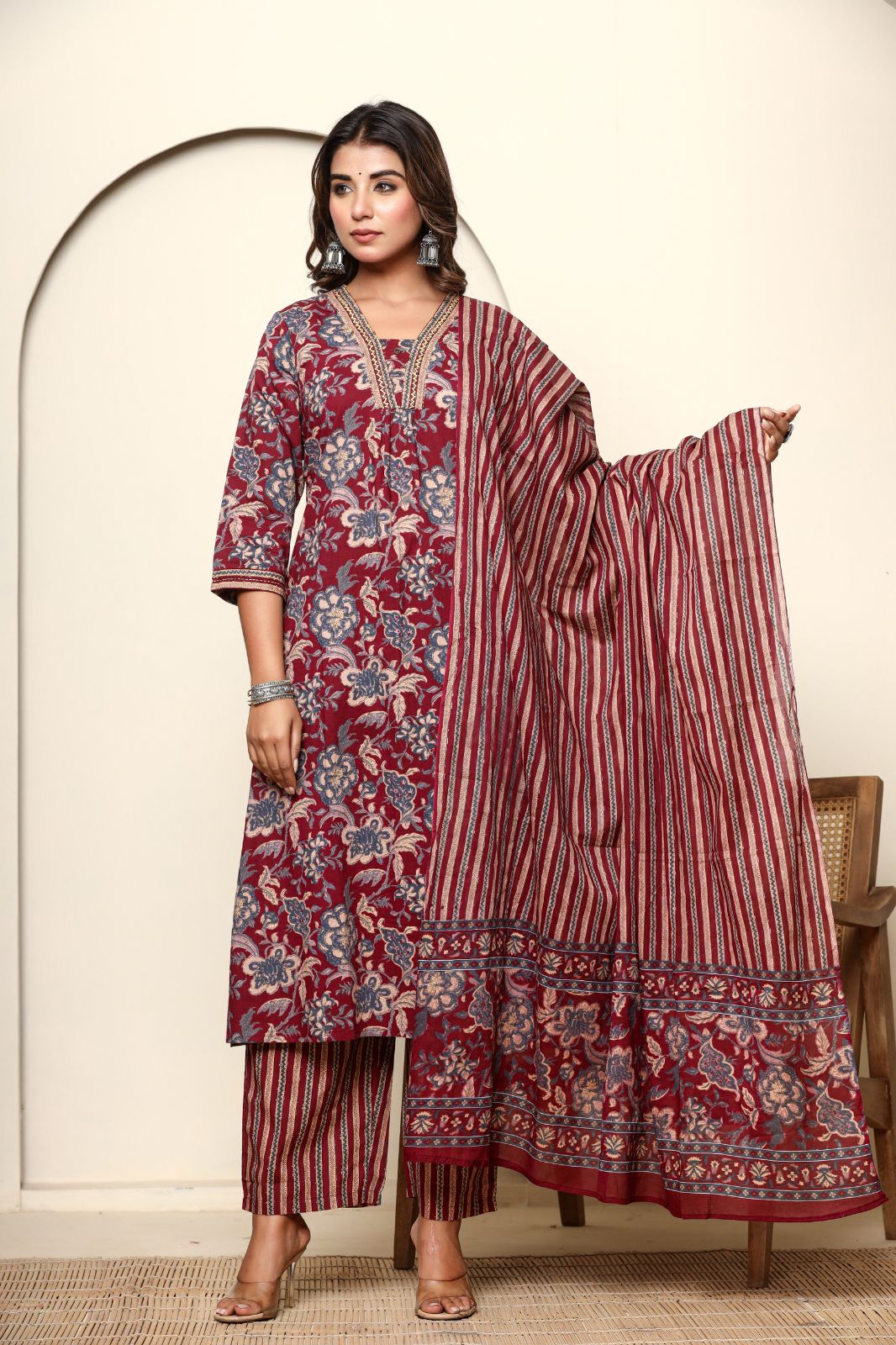 Maroon A-line Cotton Kurta Set With Dupatta