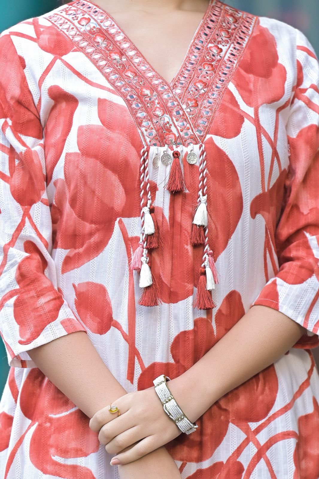 Red A line Cotton Kurta Set With Dupatta