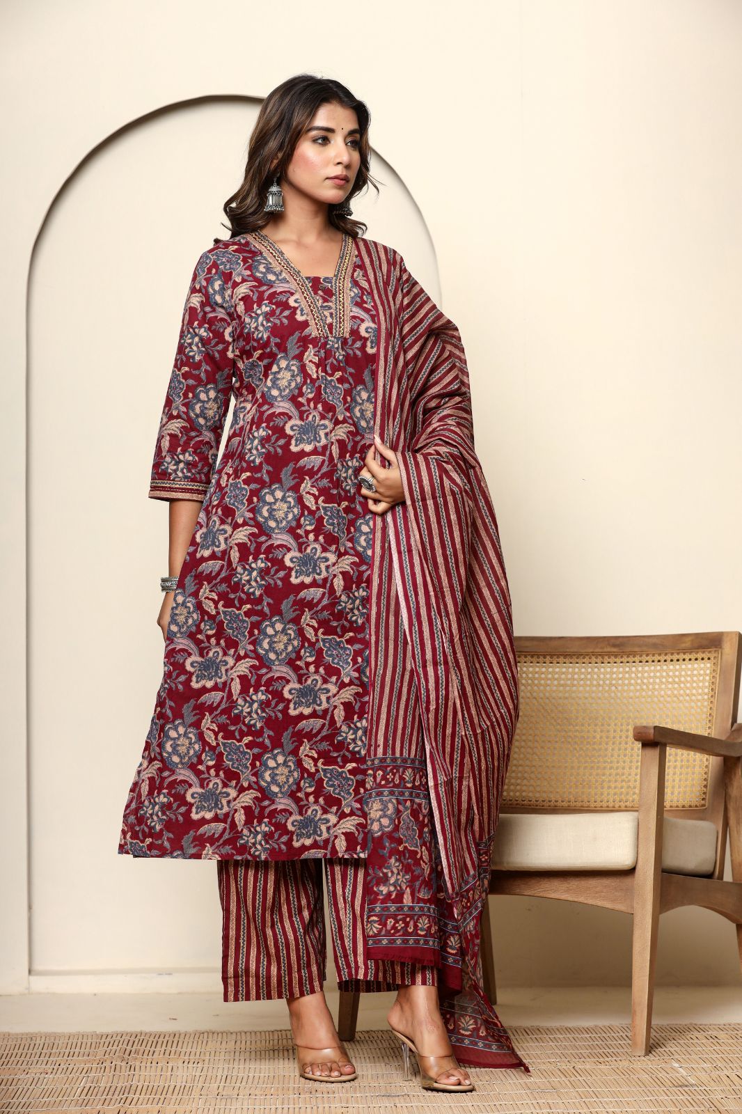 Maroon A-line Cotton Kurta Set With Dupatta
