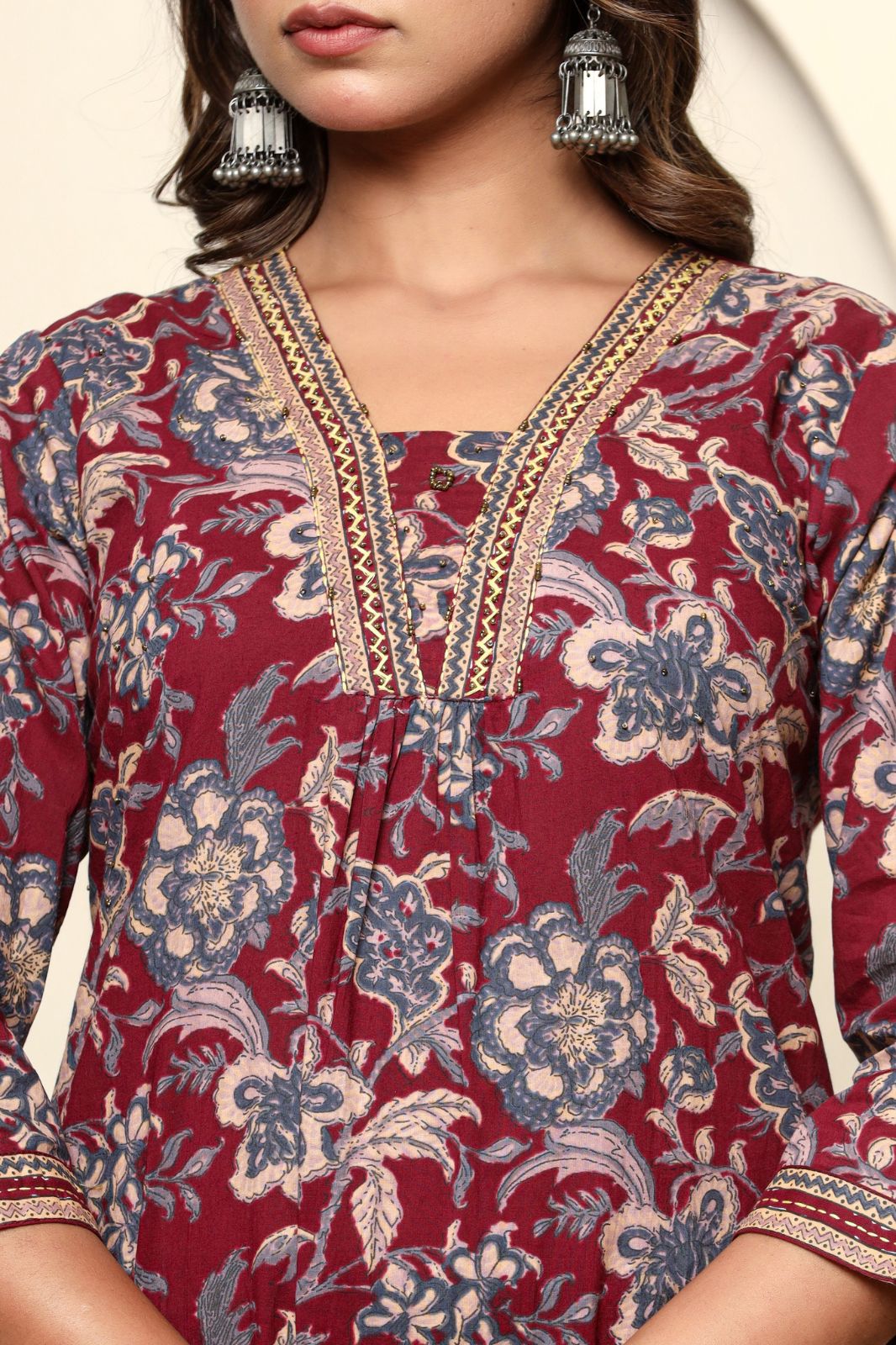 Maroon A-line Cotton Kurta Set With Dupatta