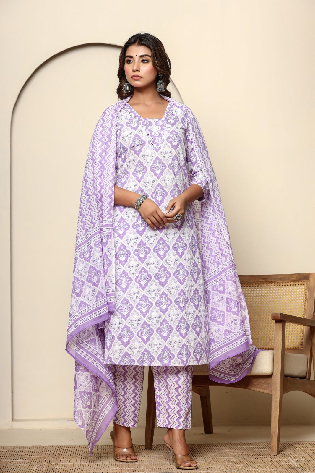 Purple Straight Cotton Kurta Set With Dupatta