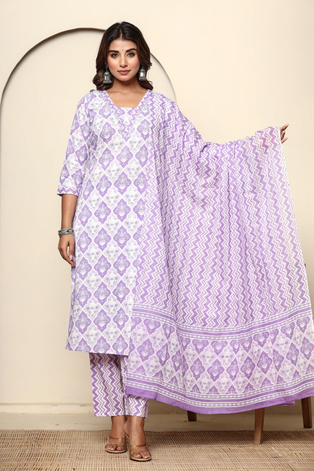 Purple Straight Cotton Kurta Set With Dupatta