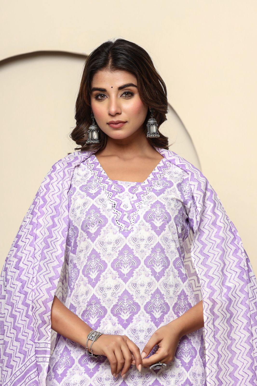 Purple Straight Cotton Kurta Set With Dupatta