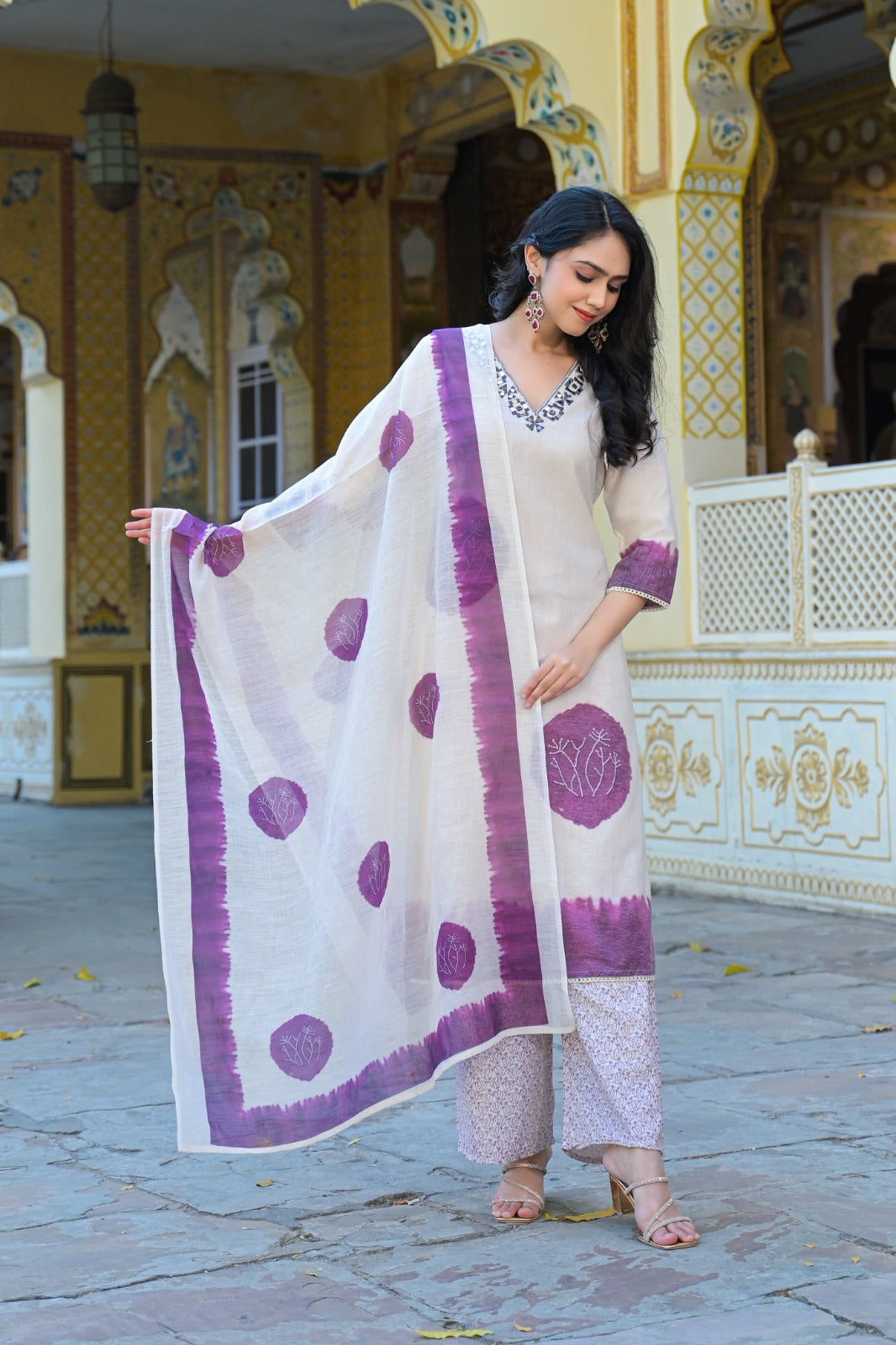 Wine Straight Fit Cotton Kurta Set With Dupatta