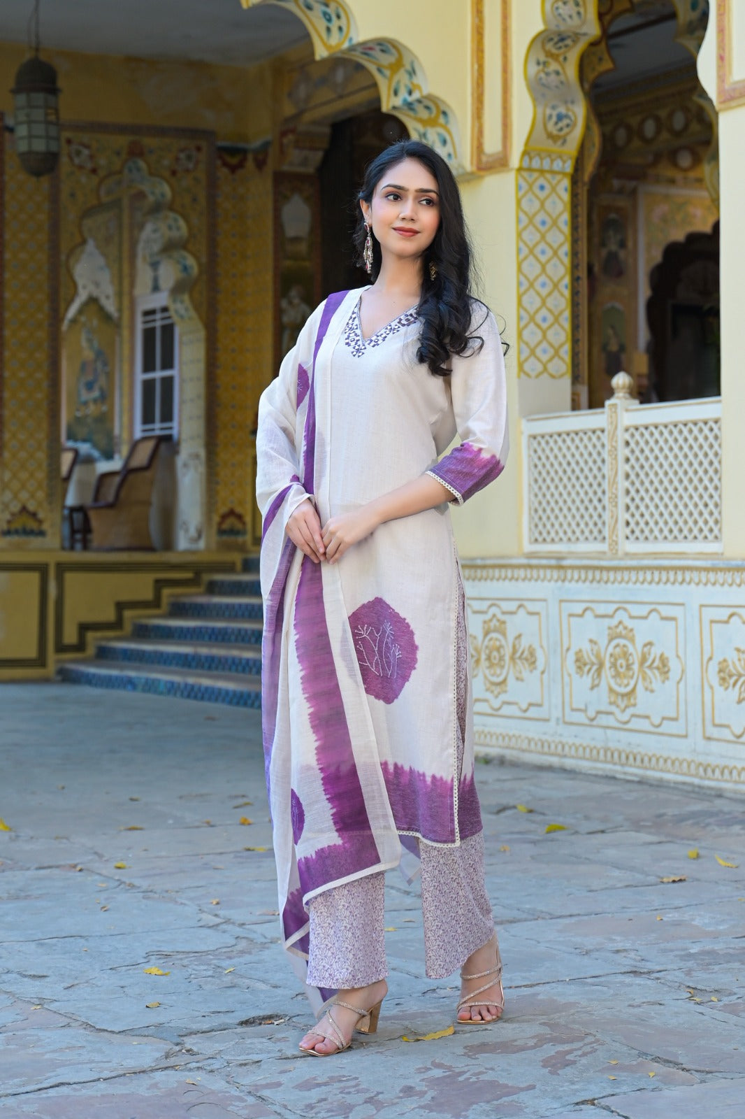 Wine Straight Fit Cotton Kurta Set With Dupatta