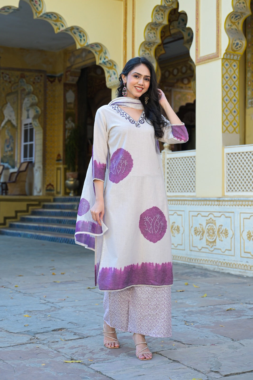 Wine Straight Fit Cotton Kurta Set With Dupatta