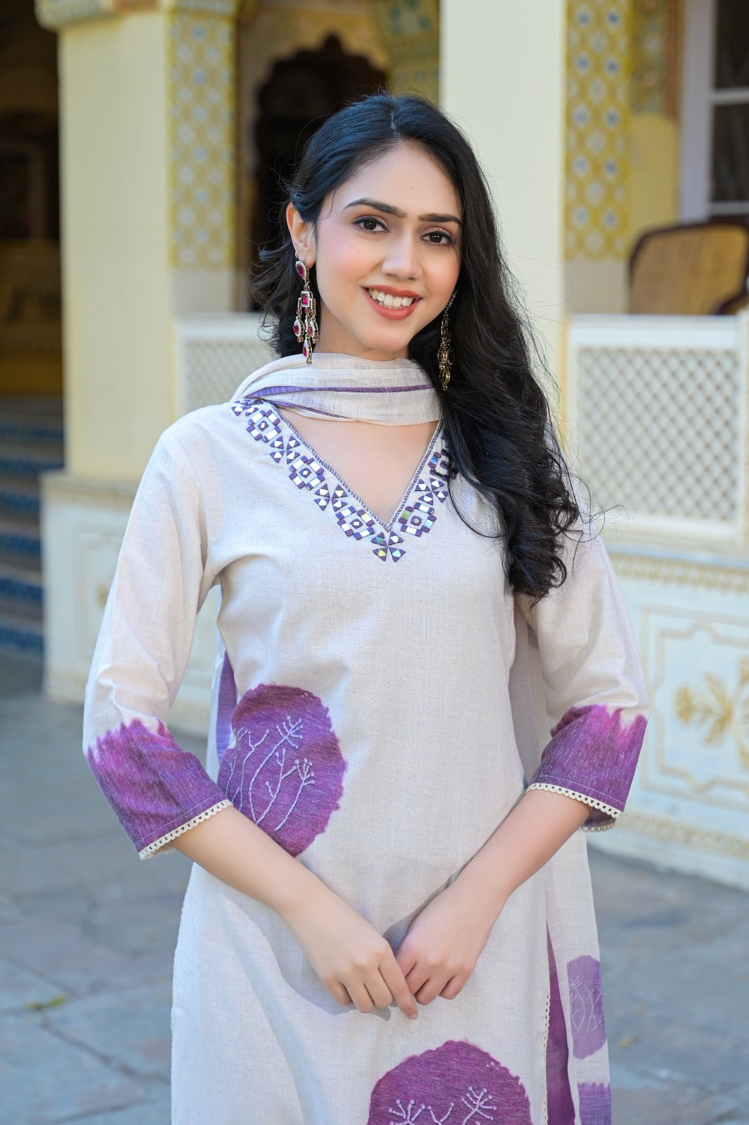 Wine Straight Fit Cotton Kurta Set With Dupatta