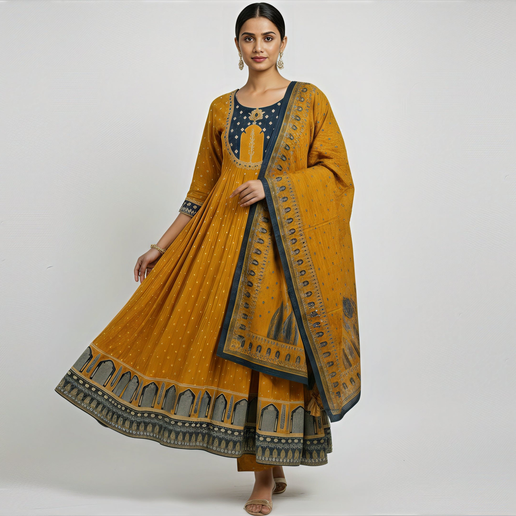 ANANI Anarkali Women’s Pure Cotton Printed Kurta Pant Set with Dupatta | Round Neck 3/4 Sleeve Kurti Set for Women | Anarkali