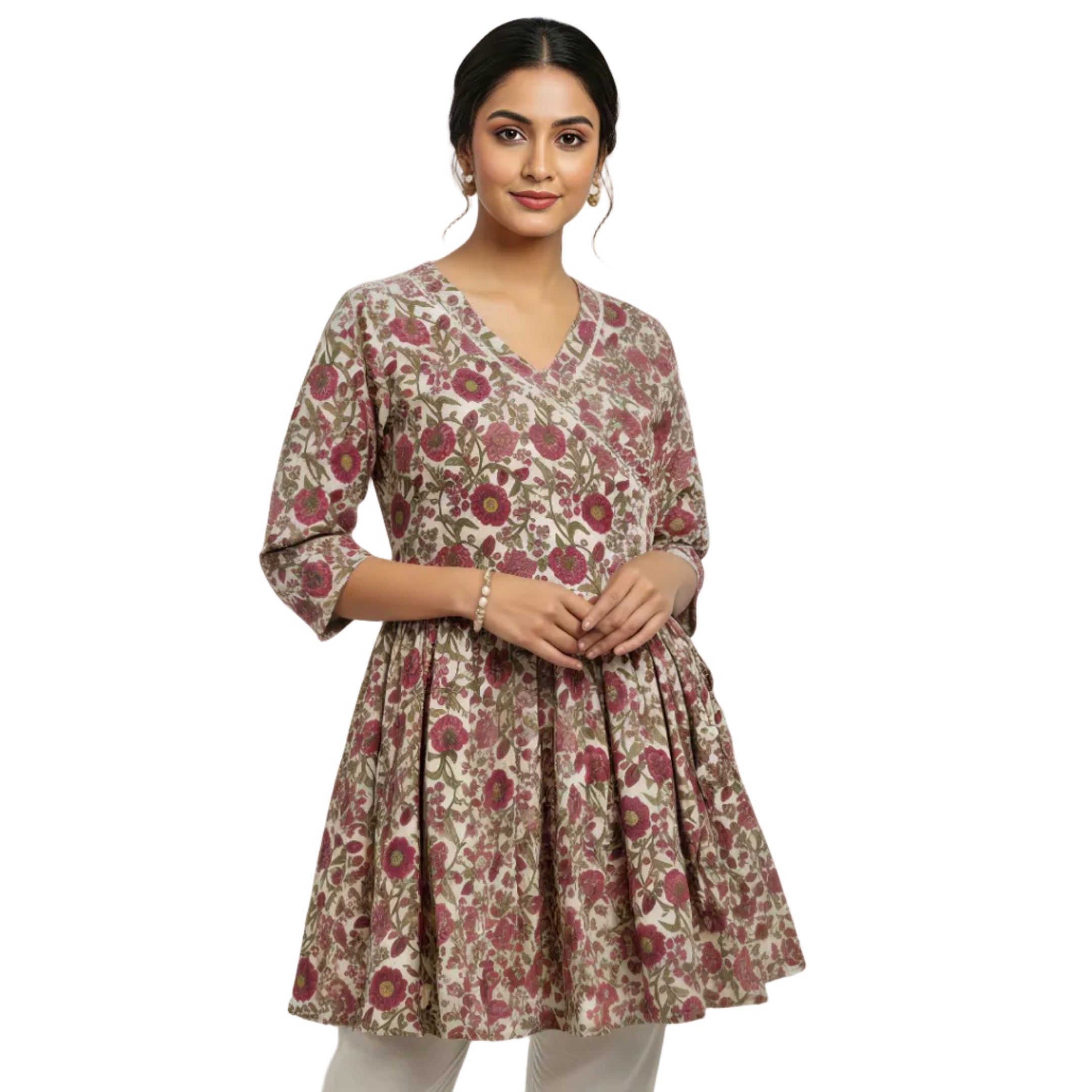 ANANI Women’s Pure Cotton Floral Printed Short Kurti | V-Neck 3/4 Sleeve Flared Tunic Top