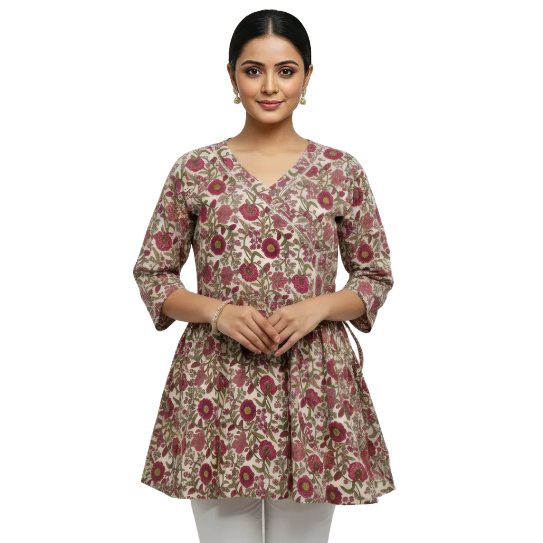 ANANI Women’s Pure Cotton Floral Printed Short Kurti | V-Neck 3/4 Sleeve Flared Tunic Top