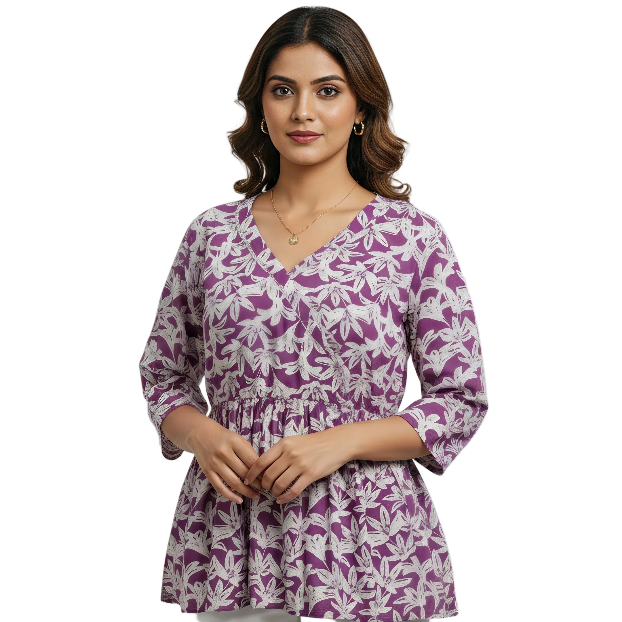 ANANI Women’s Pure Cotton Floral Printed Short Kurti | V-Neck 3/4 Sleeve