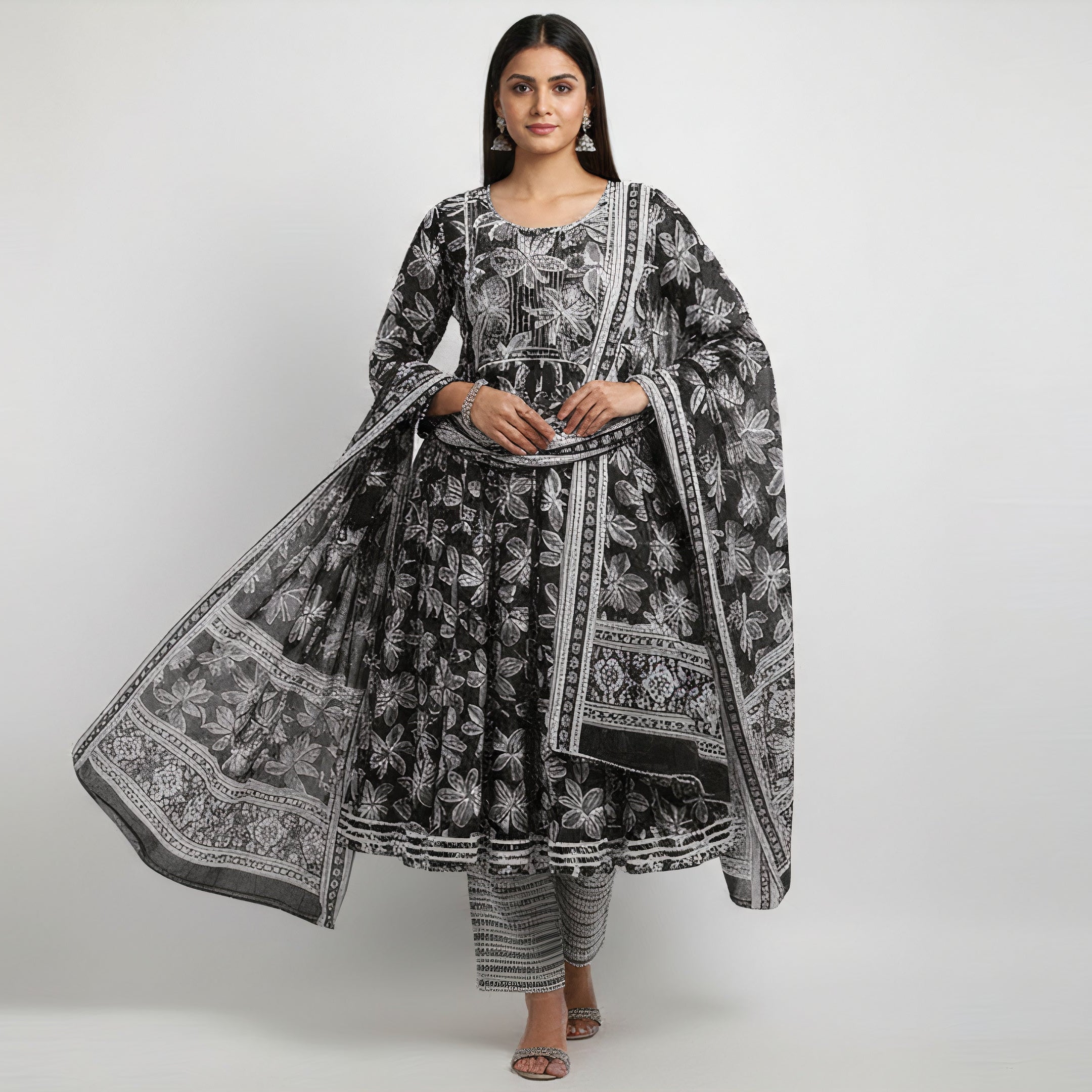 ANANI Anarkali Women’s Pure Cotton Printed Kurta Pant Dupatta Set | Round Neck 3/4 Sleeve Anarkali