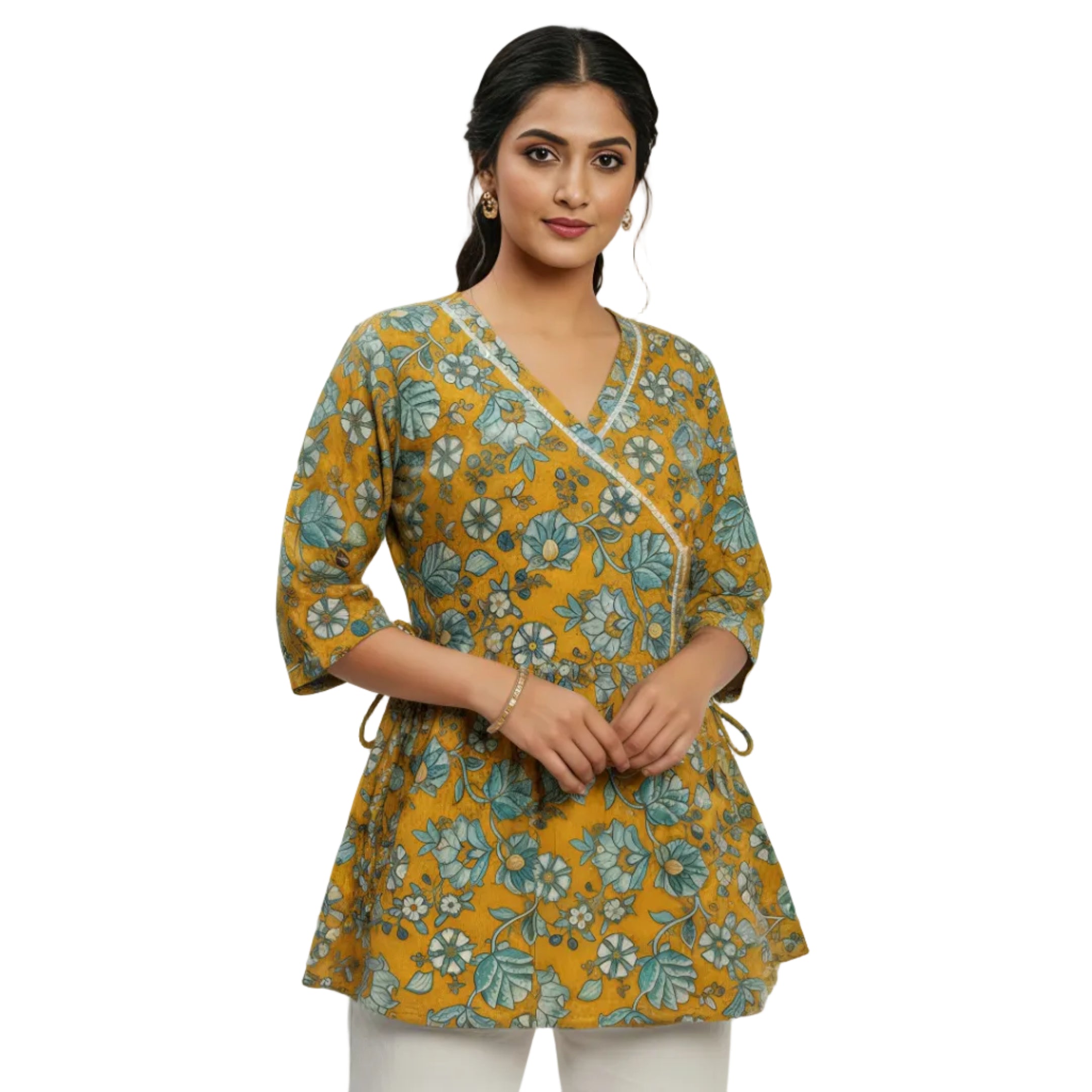 ANANI Women’s Pure Cotton Floral Printed Short Kurti | V-Neck 3/4 Sleeve