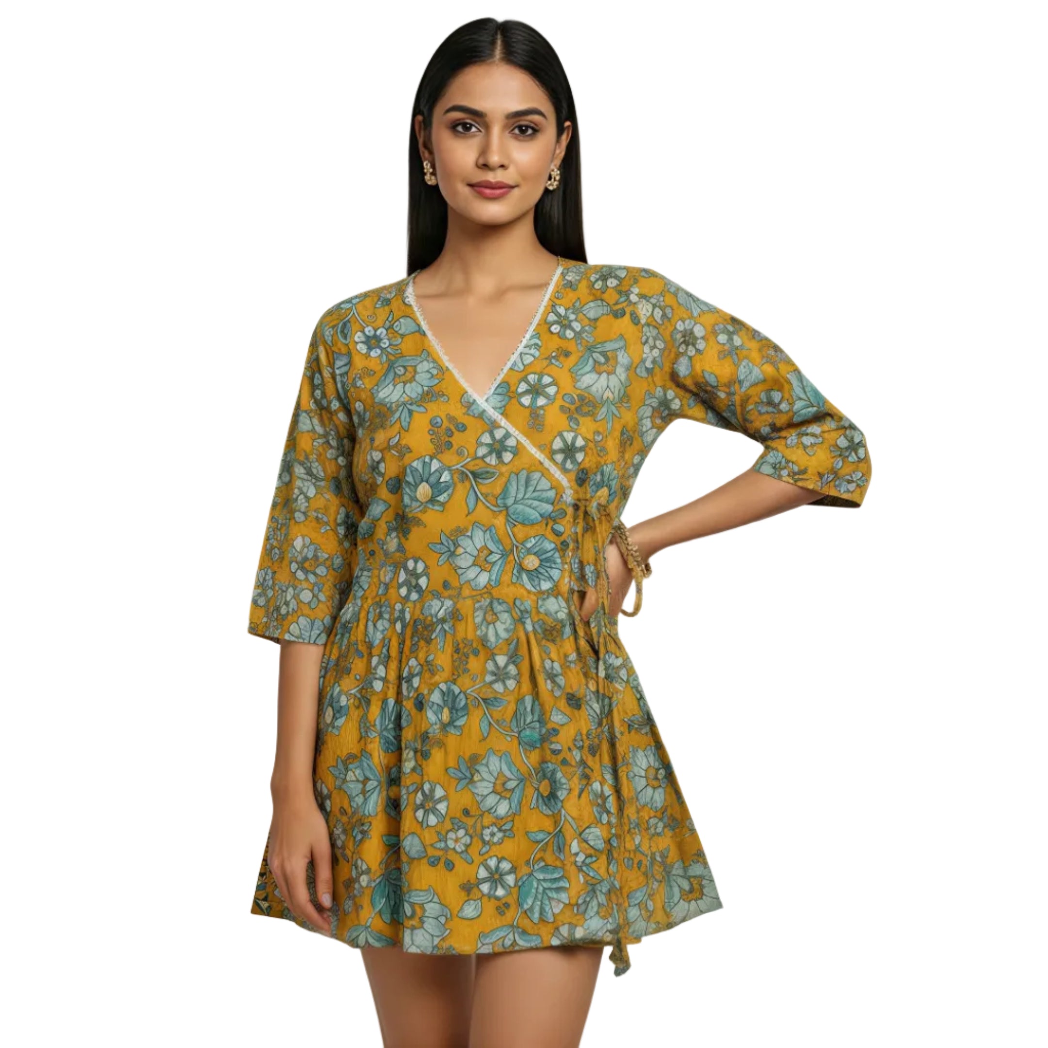 ANANI Women’s Pure Cotton Floral Printed Short Kurti | V-Neck 3/4 Sleeve