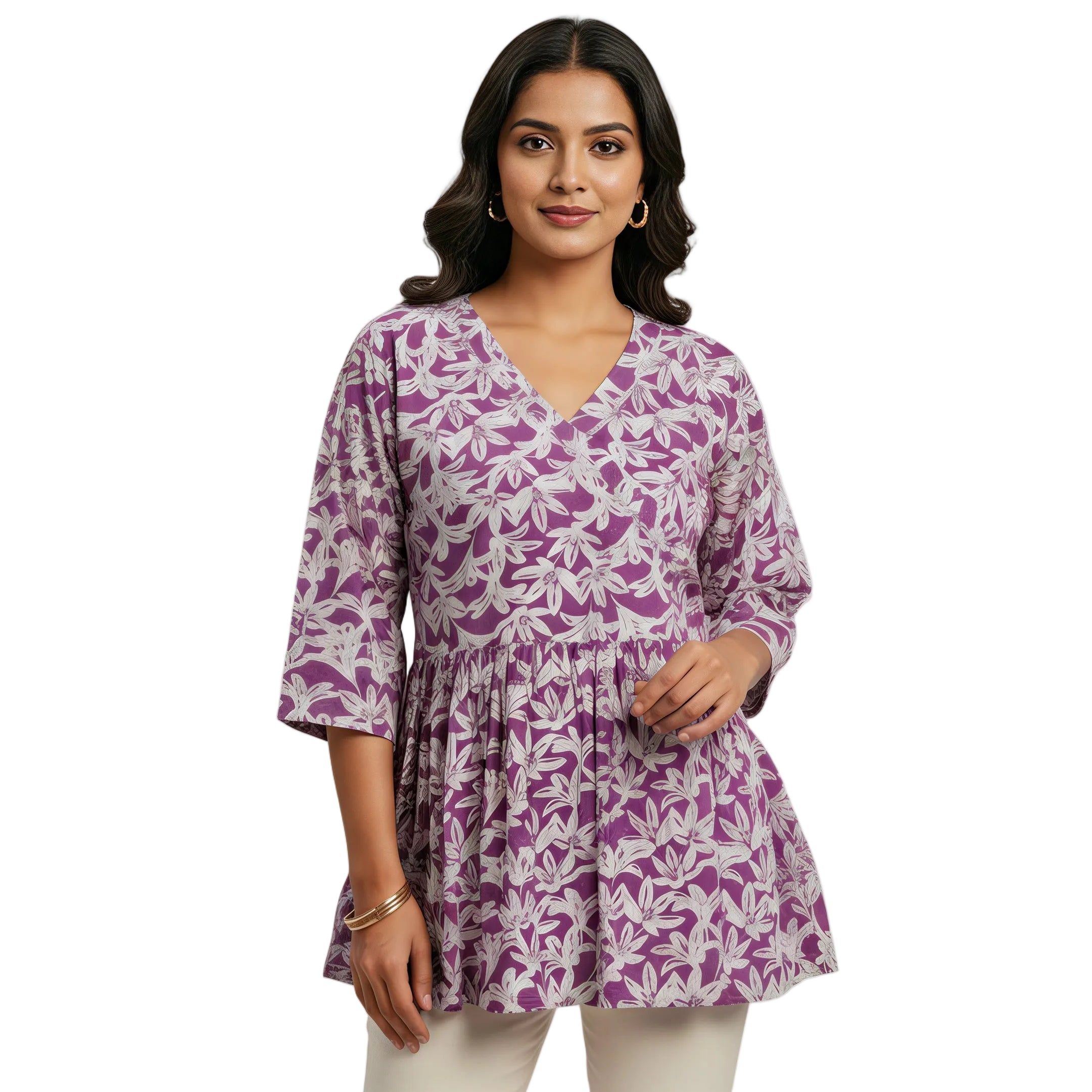 ANANI Women’s Pure Cotton Floral Printed Short Kurti | V-Neck 3/4 Sleeve