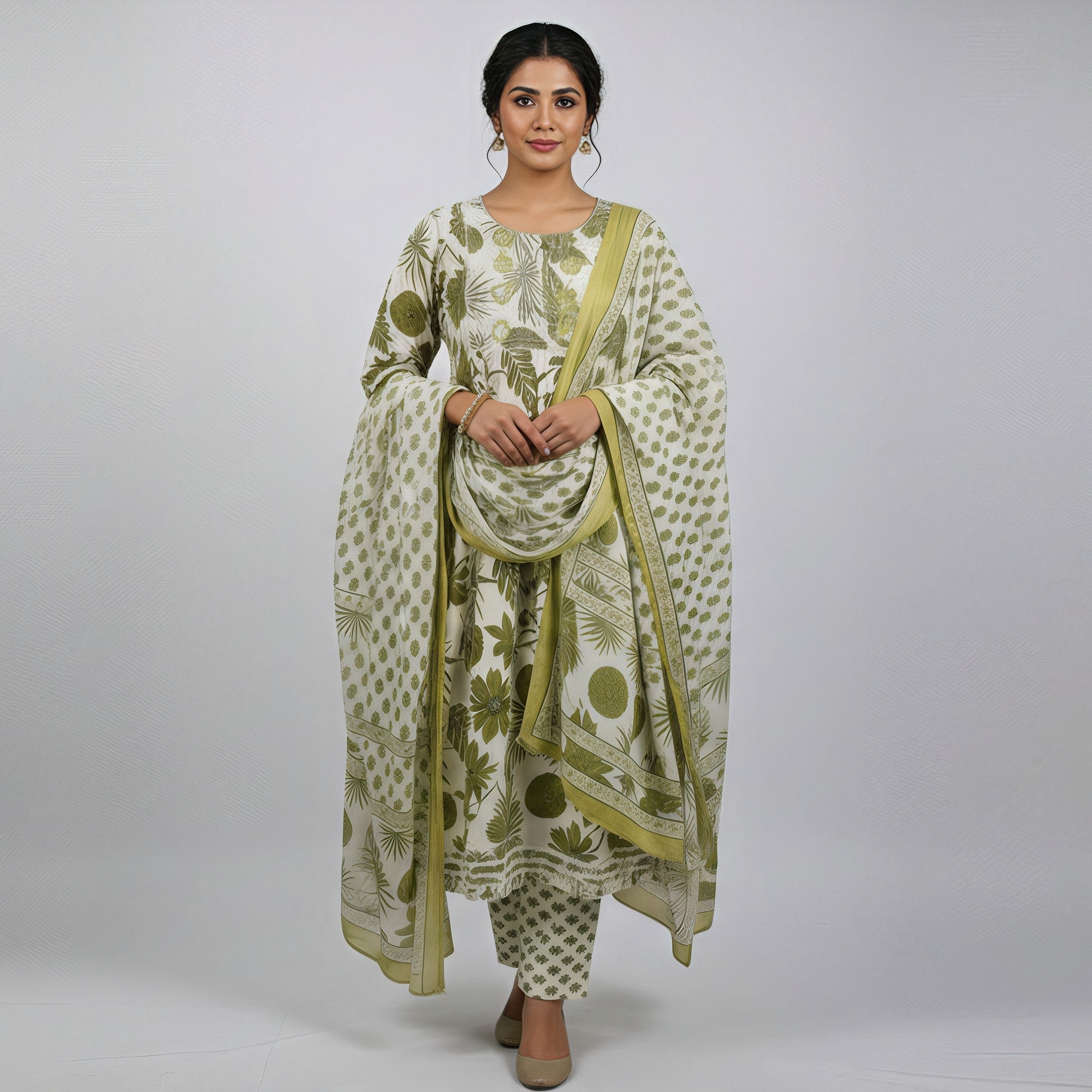 ANANI Anarkali Women’s Pure Cotton Printed Kurta Pant Set with Dupatta | Round Neck 3/4 Sleeve