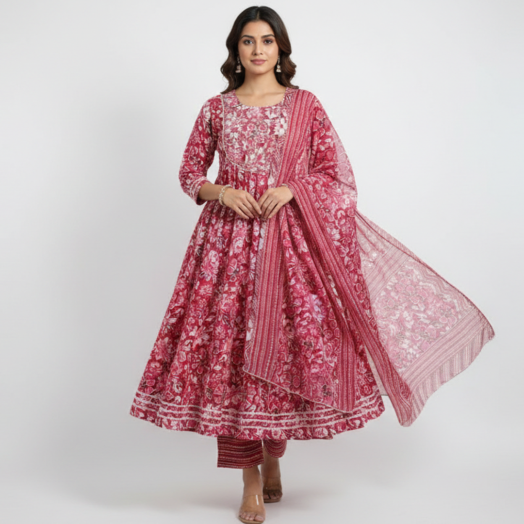 ANANI Women’s Pure Cotton Printed Kurta Pant Dupatta Set | Round Neck Straight Fit