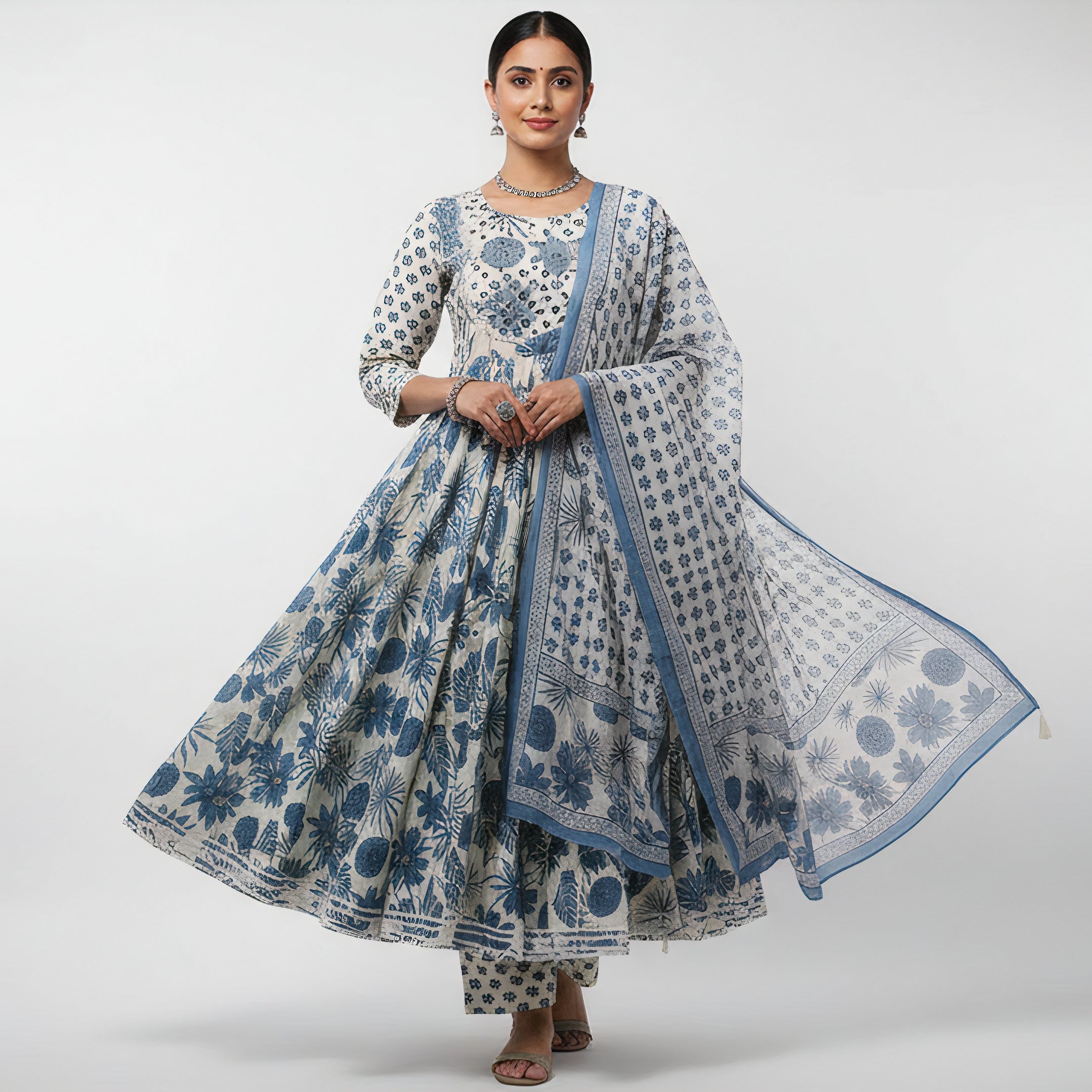 ANANI Anarkali Women’s Pure Cotton Printed Kurta Pant Set with Dupatta | Round Neck 3/4 Sleeve