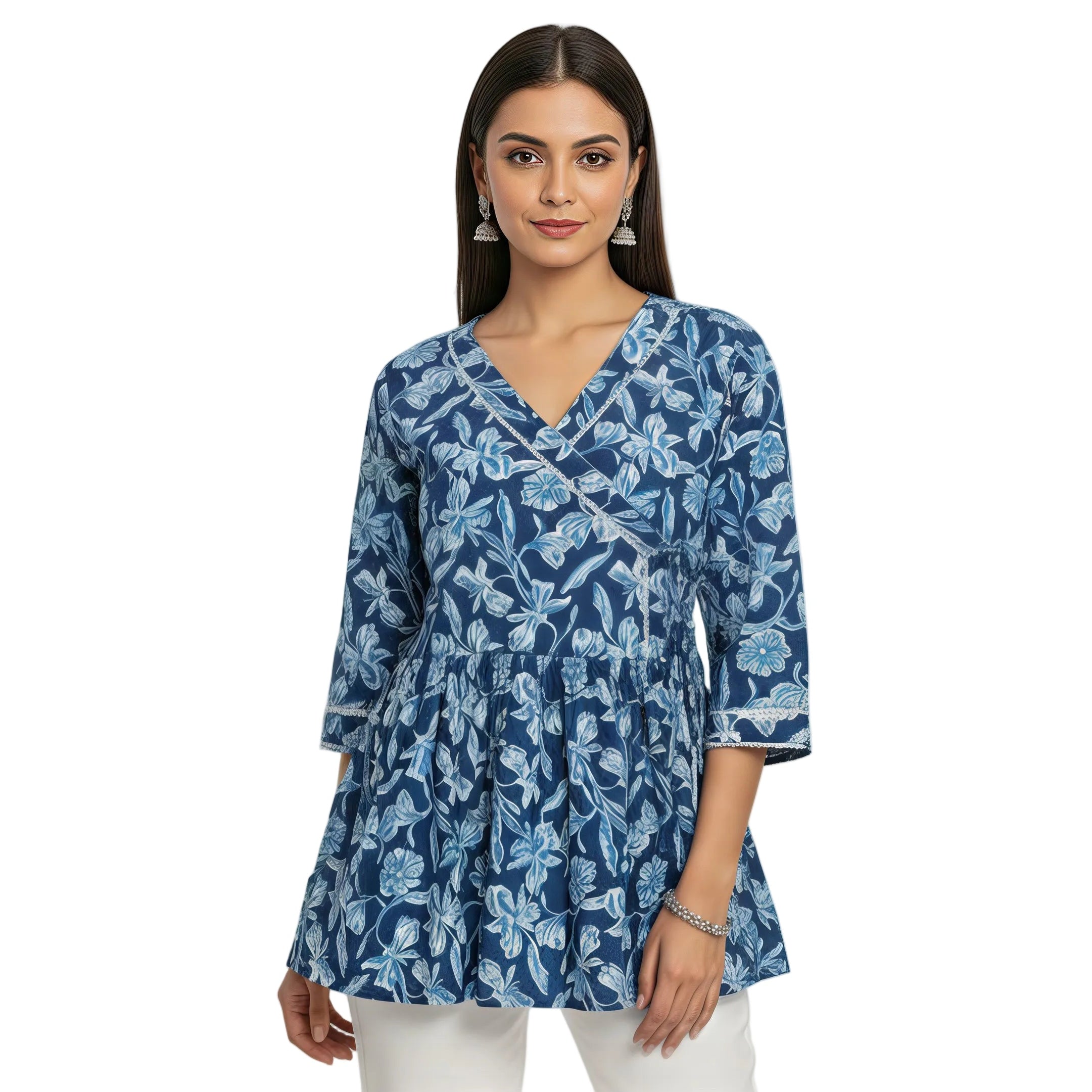 ANANI Women’s Pure Cotton Floral Printed Short Kurti | V-Neck 3/4 Sleeve