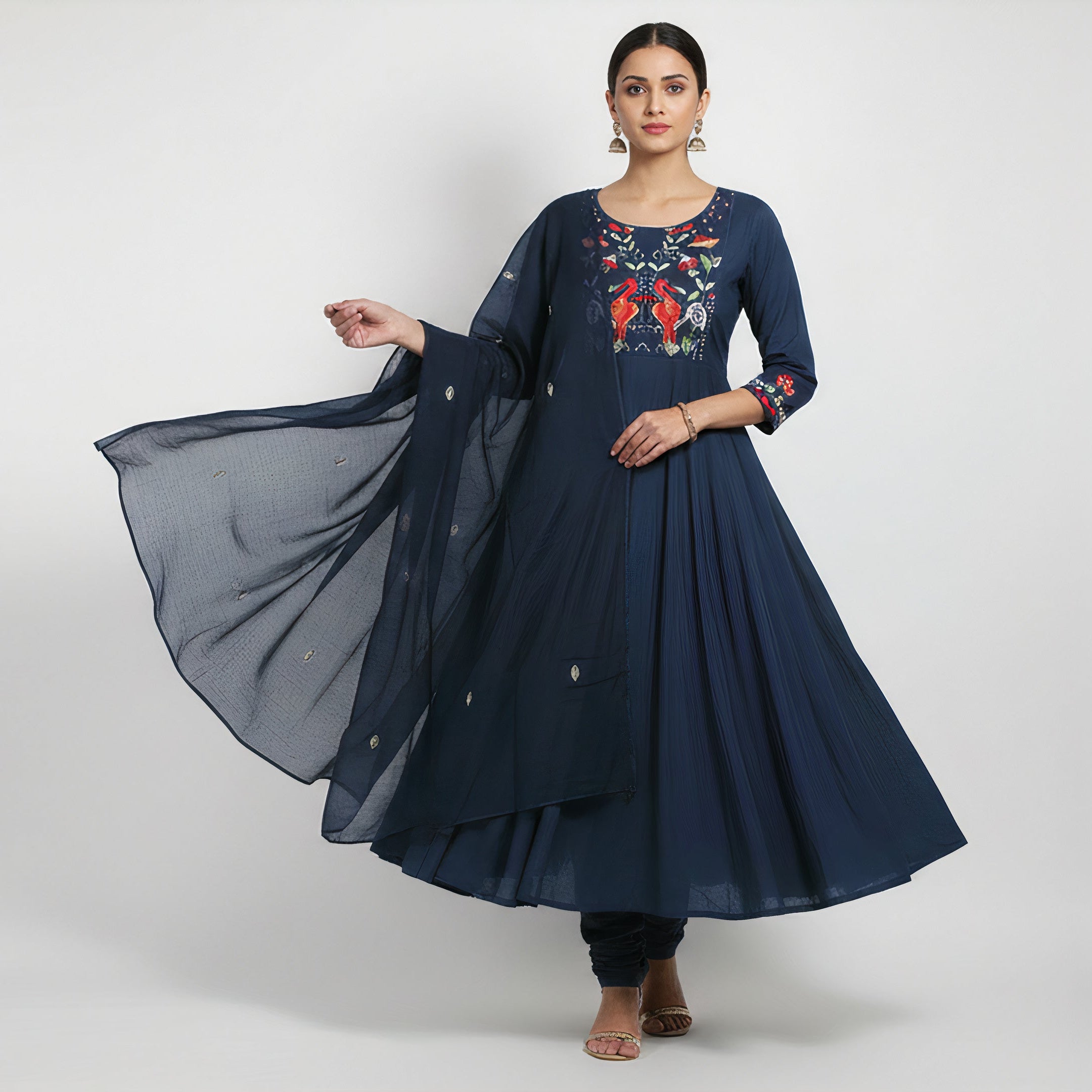 ANANI Anarkali Women’s Pure Cotton Embroidered Kurta Pant with Dupatta Set | Round Neck Anarkali Kurti Set for Women | Printed 3/4 Sleeves