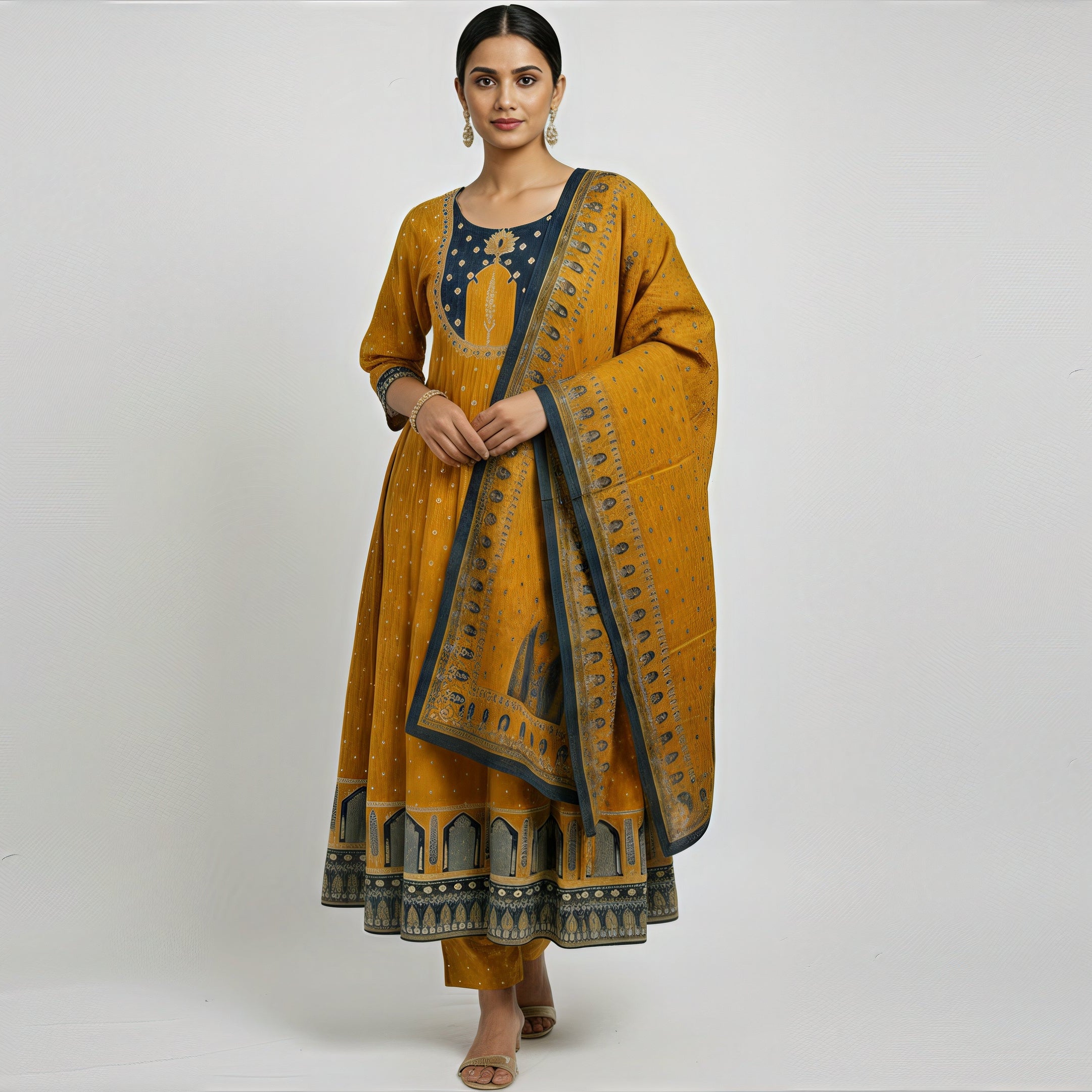 ANANI Anarkali Women’s Pure Cotton Printed Kurta Pant Set with Dupatta | Round Neck 3/4 Sleeve Kurti Set for Women | Anarkali