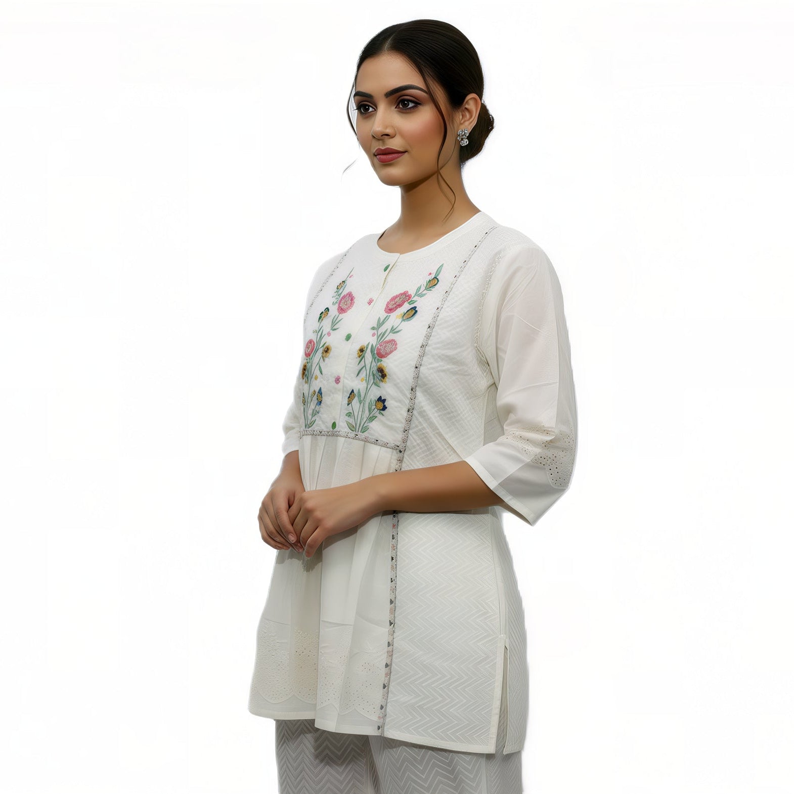 ANANI Women’s Pure Cotton Embroidered Kurti | Round Neck 3/4 Sleeve A-Line Kurta | Floral Thread