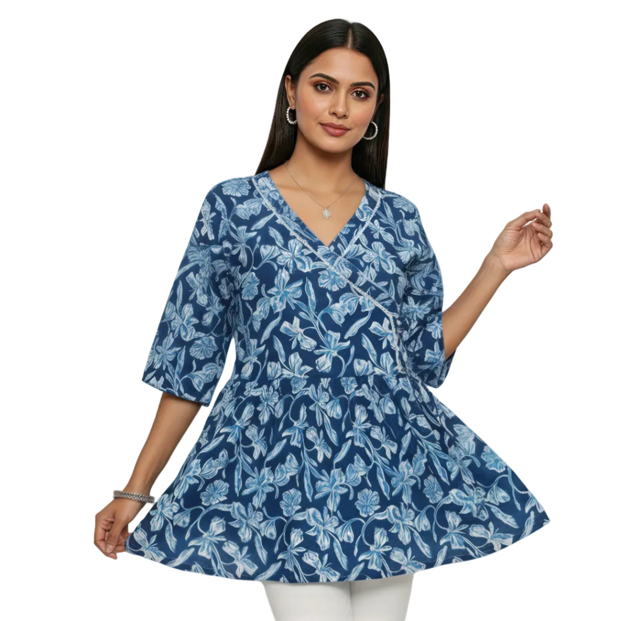 ANANI Women’s Pure Cotton Floral Printed Short Kurti | V-Neck 3/4 Sleeve