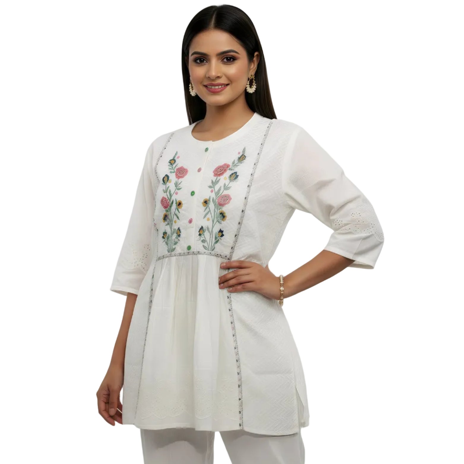 ANANI Women’s Pure Cotton Embroidered Kurti | Round Neck 3/4 Sleeve A-Line Kurta | Floral Thread